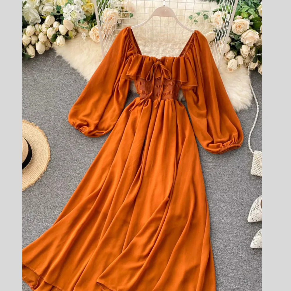 Ruffle Square Neck Balloon Sleeve A-Line Dress - ZKZOOK