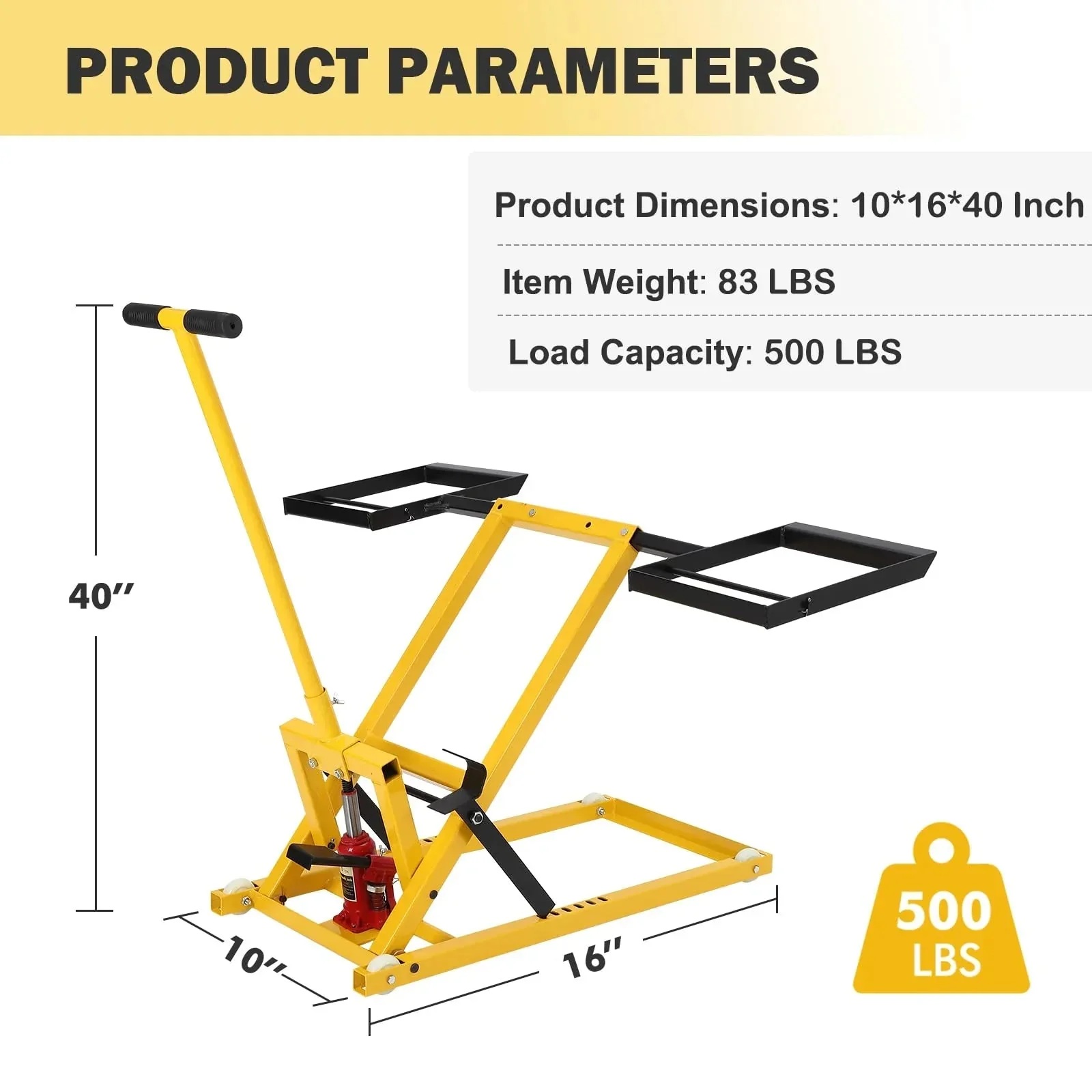 Lawn Mower Lift With Hydraulic Jack, 26 Inches, 500 LBS Capacity, Yellow - PHO_13L5VR2X2L - Image 14 Lawn Mower Lift With Hydraulic Jack, 26 Inches, 500 LBS Capacity, Yellow - PHO_13L5VR2X2L - Image 14