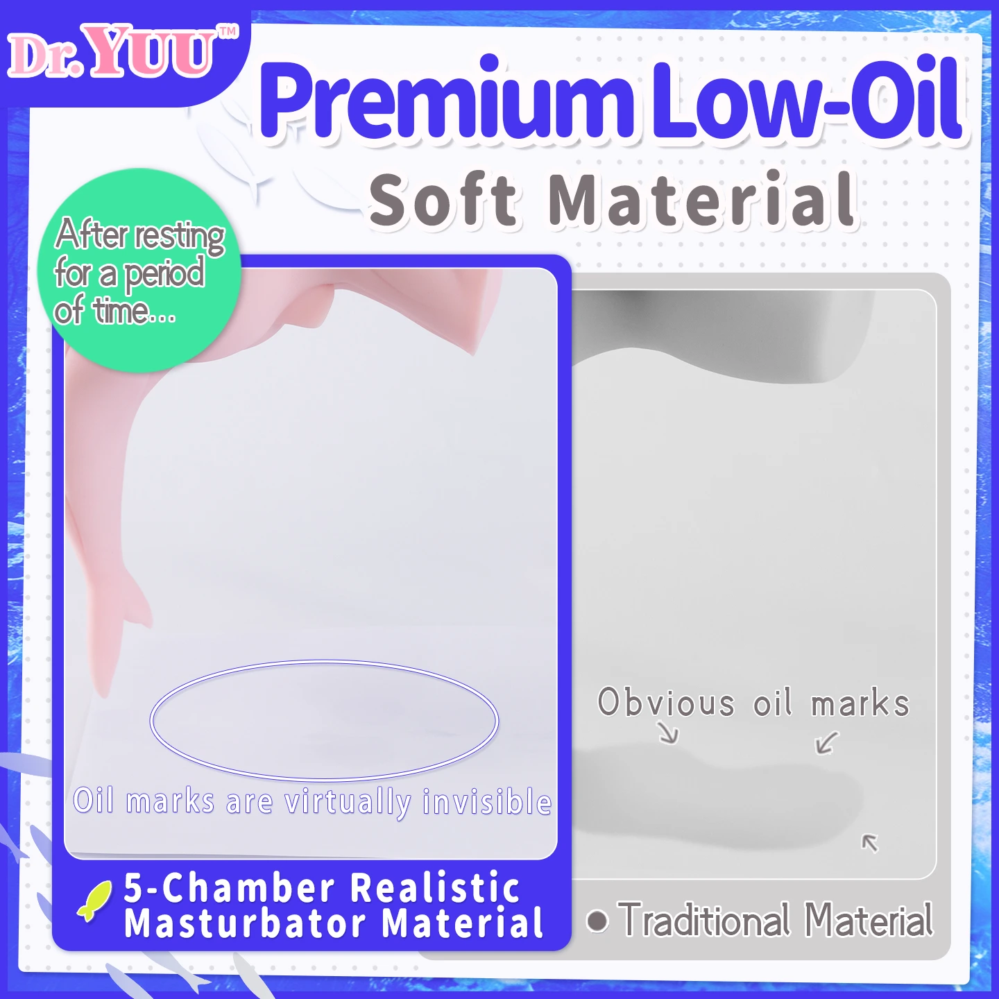 Close-up showing the premium, low-oil TPE material of the Dr.YUU bionic mermaid male masturbator.