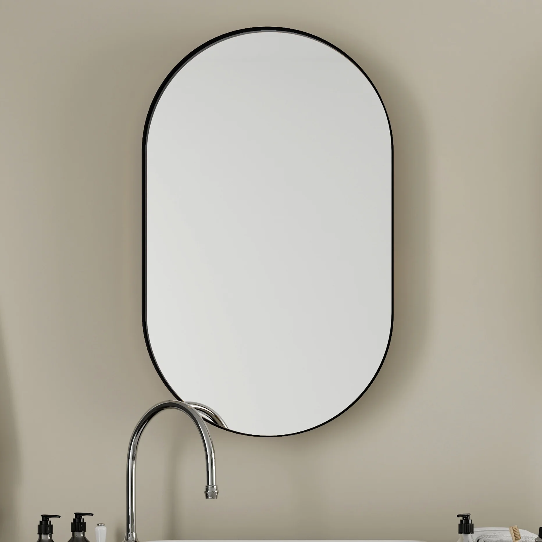 20x34 Inch Oval Recessed Bathroom Storage Cabinet, Matte Black Metal Frame, Mirror With Adjustable Shelves, Space Efficient Recessed, Versatile Functionality