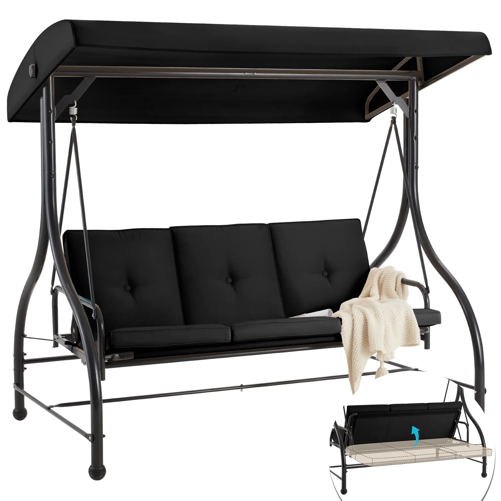 AECOJOY 3 Person Canopy Steel Porch Swing, Converting Swing Glider Hammock-Beige - Image 36