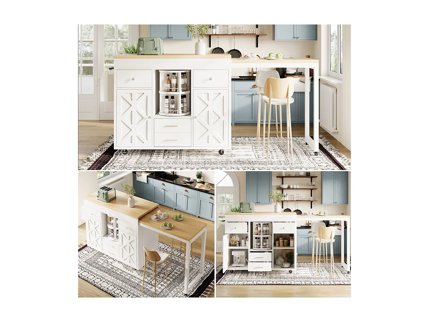 Table de bar extensible moderne - 110/180 x 40 x 91 cm - organiseur pivotant à 360° - avec portes + tiroirs - MDF - blanc
