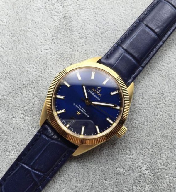 Replica Omega Globemaster Master Chronometer YG Case Blue Dial Leather Strap A8900 - Elite Watch Atelier