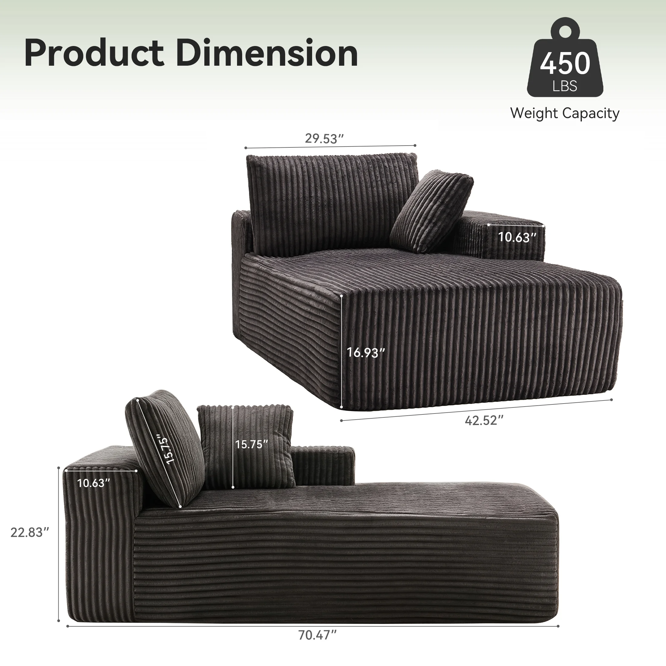 LUMIHO Chaise Lounge Chair Indoor, 42" Sleeper Chair with Two Throw Pillows and Armrests, Corduroy Chaise Couch Chair with Ottoman for Living Room, Bedroom, Apartment, Green - Image 37