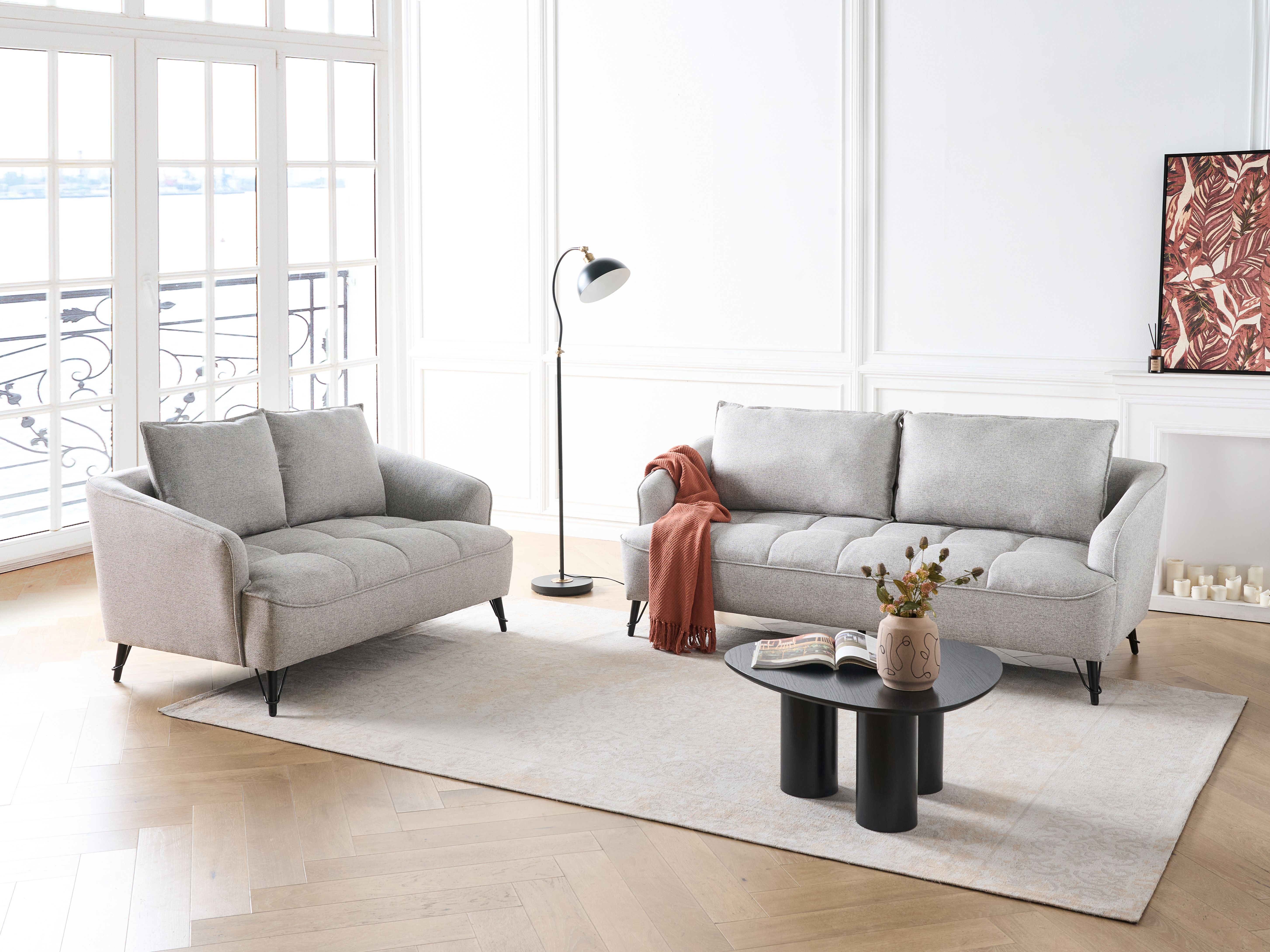 Living Room Set 5 Seater HOBRO Fabric Light Grey