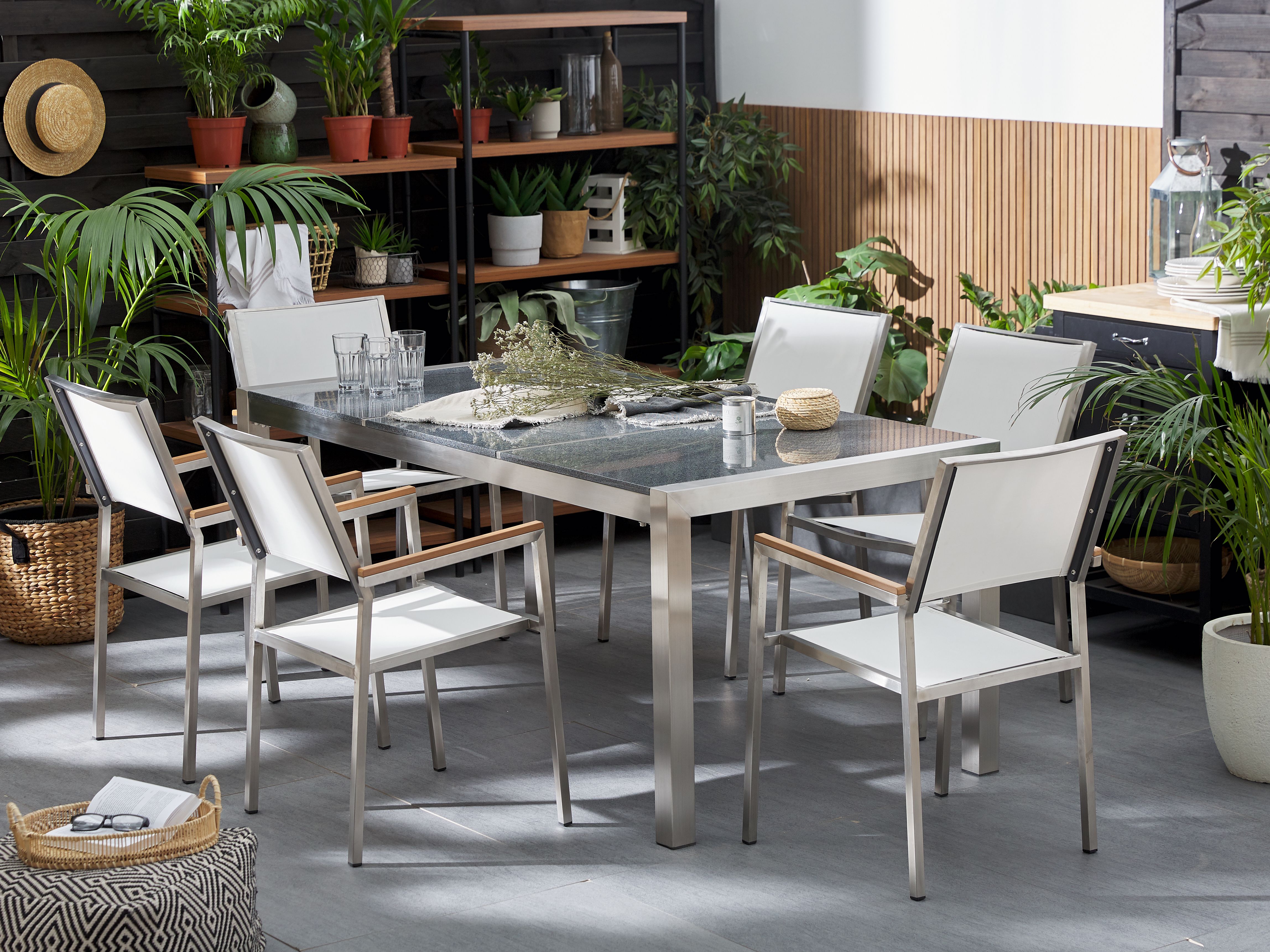 Garden Dining Set 6 Seater GROSSETO Triple Plate Granite Polished Grey/ White