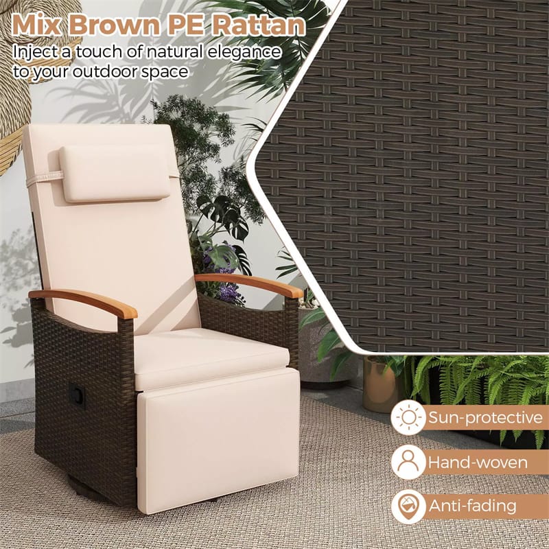 Outdoor 360° Swivel Rattan Recliner Chair with Adjustable Backrest & Footrest, Patio Wicker Chaise Lounge Chair with Flip Side Table & Cushion