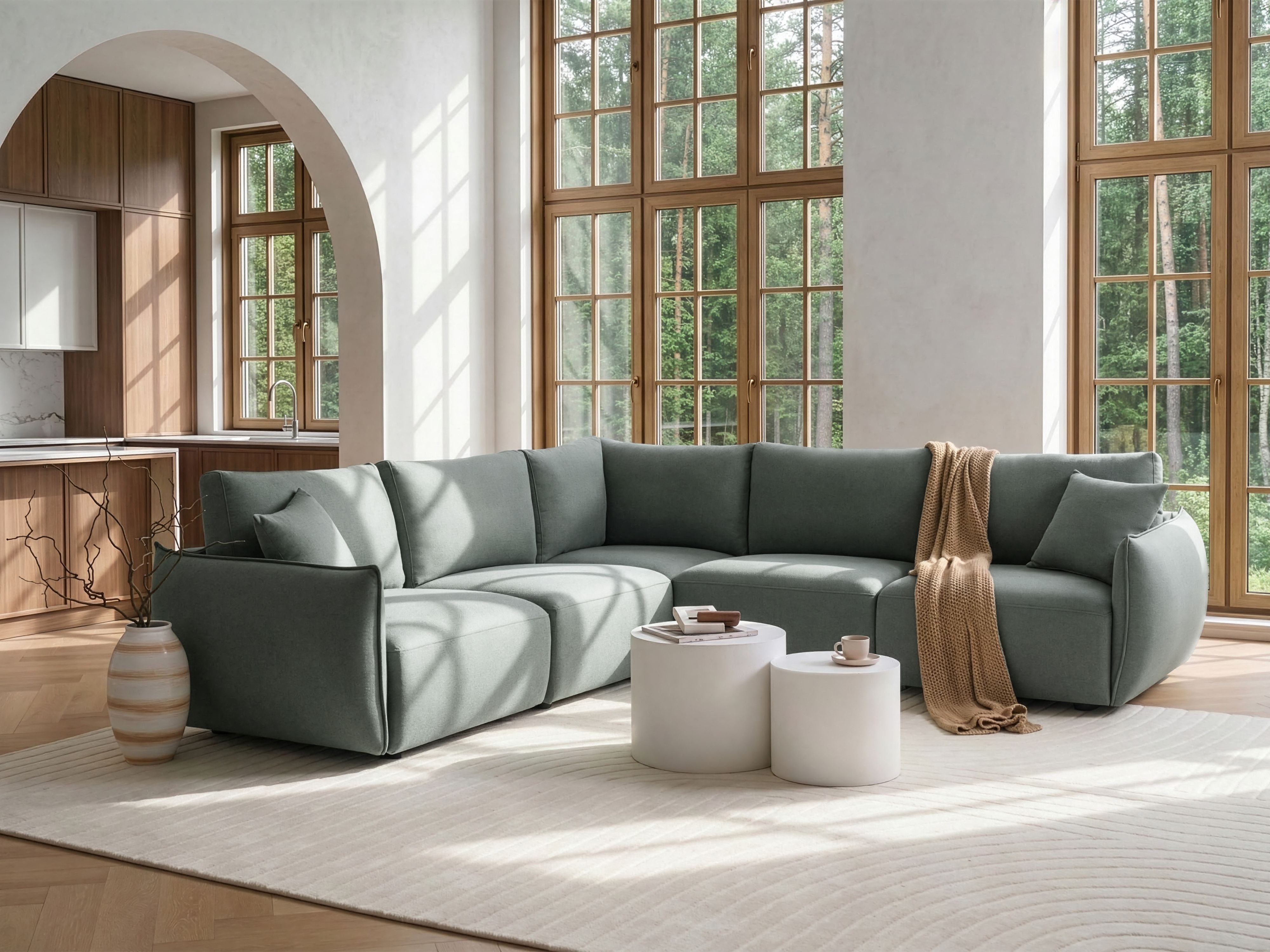 Modular Corner Sofa 5 Seater MESNALI Fabric Green Right Hand