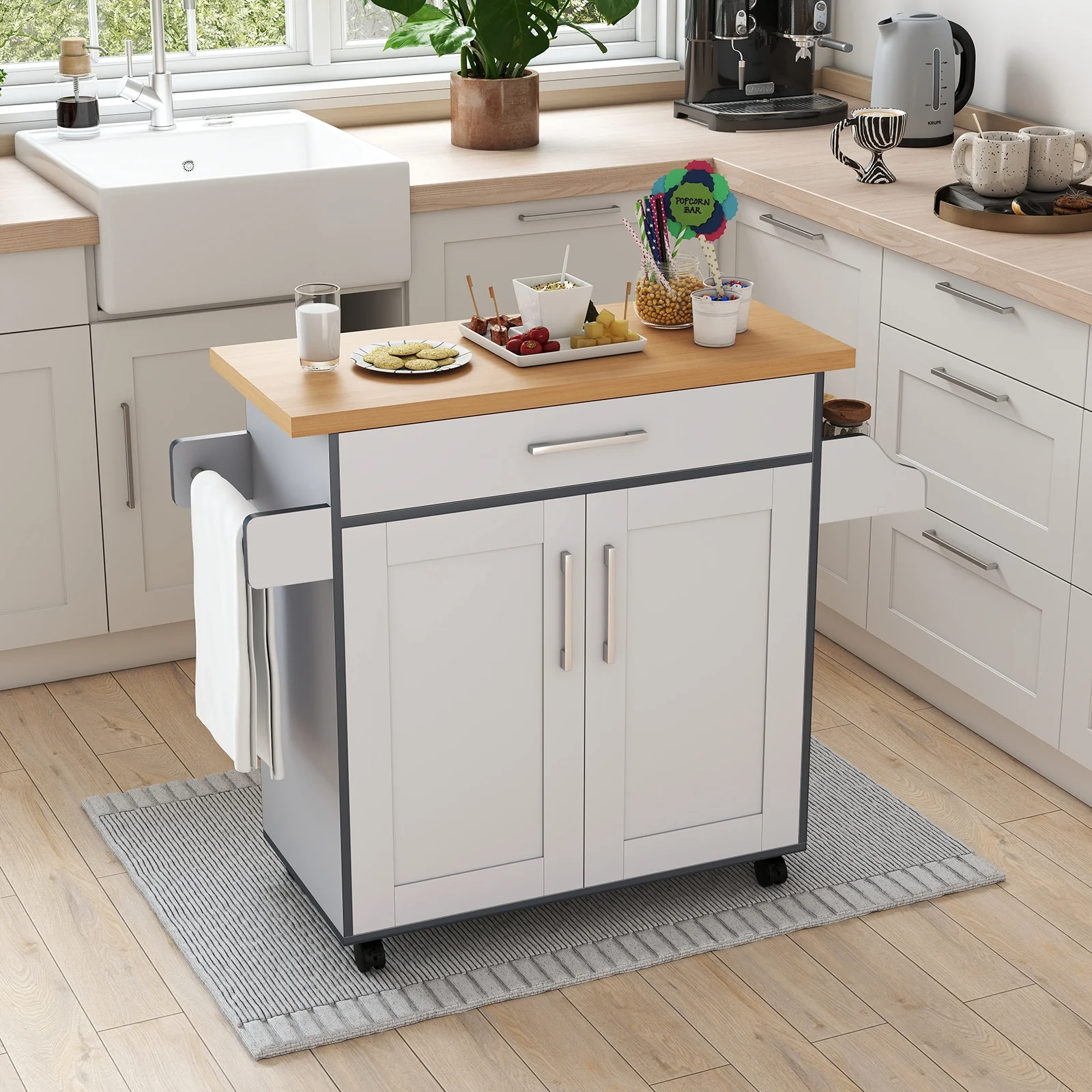 Giantex Kitchen Island Cart with Storage Cabinet on Wheels, Spice Rack Towel Rack & Drawer, Gray