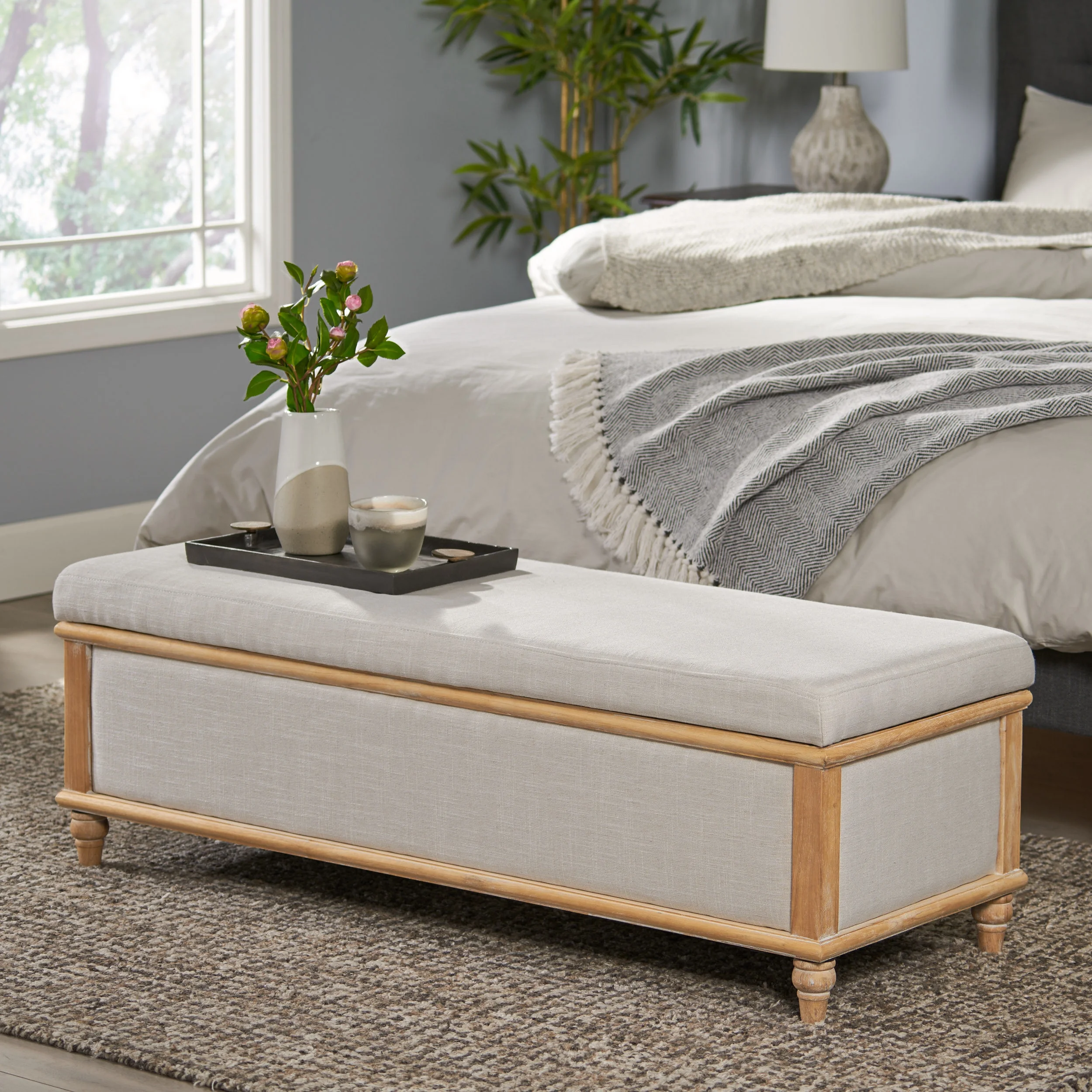 Noble House Hampton Contemporary Fabric Upholstered Storage Ottoman, White and Blue Floral - Image 83