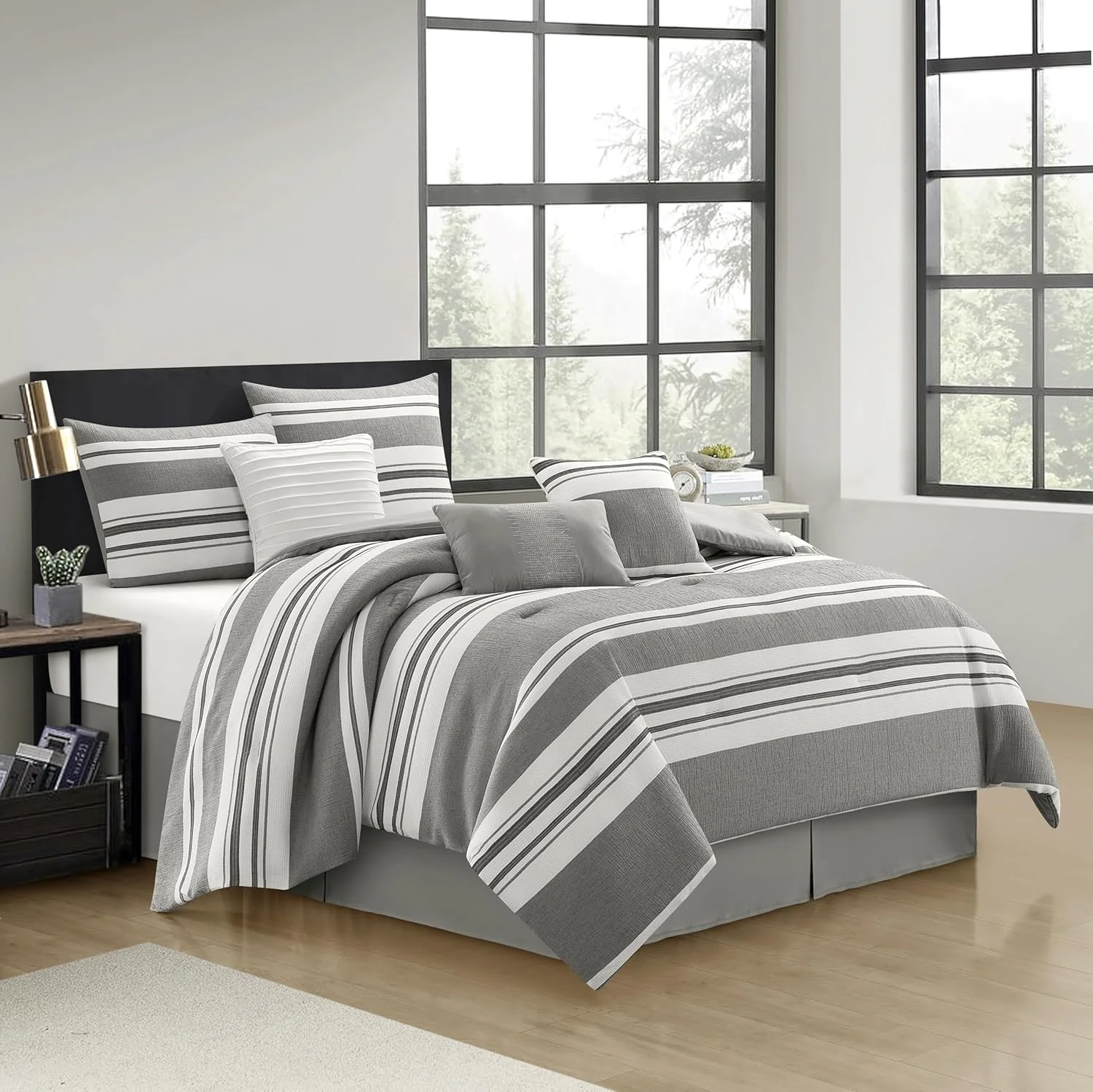 Grand Avenue White Grey Comforter Set California King Size, 7 Piece Geometric Jacquard Bedding Set, Matching Bedskirt, Pillows & Shams, Curtains