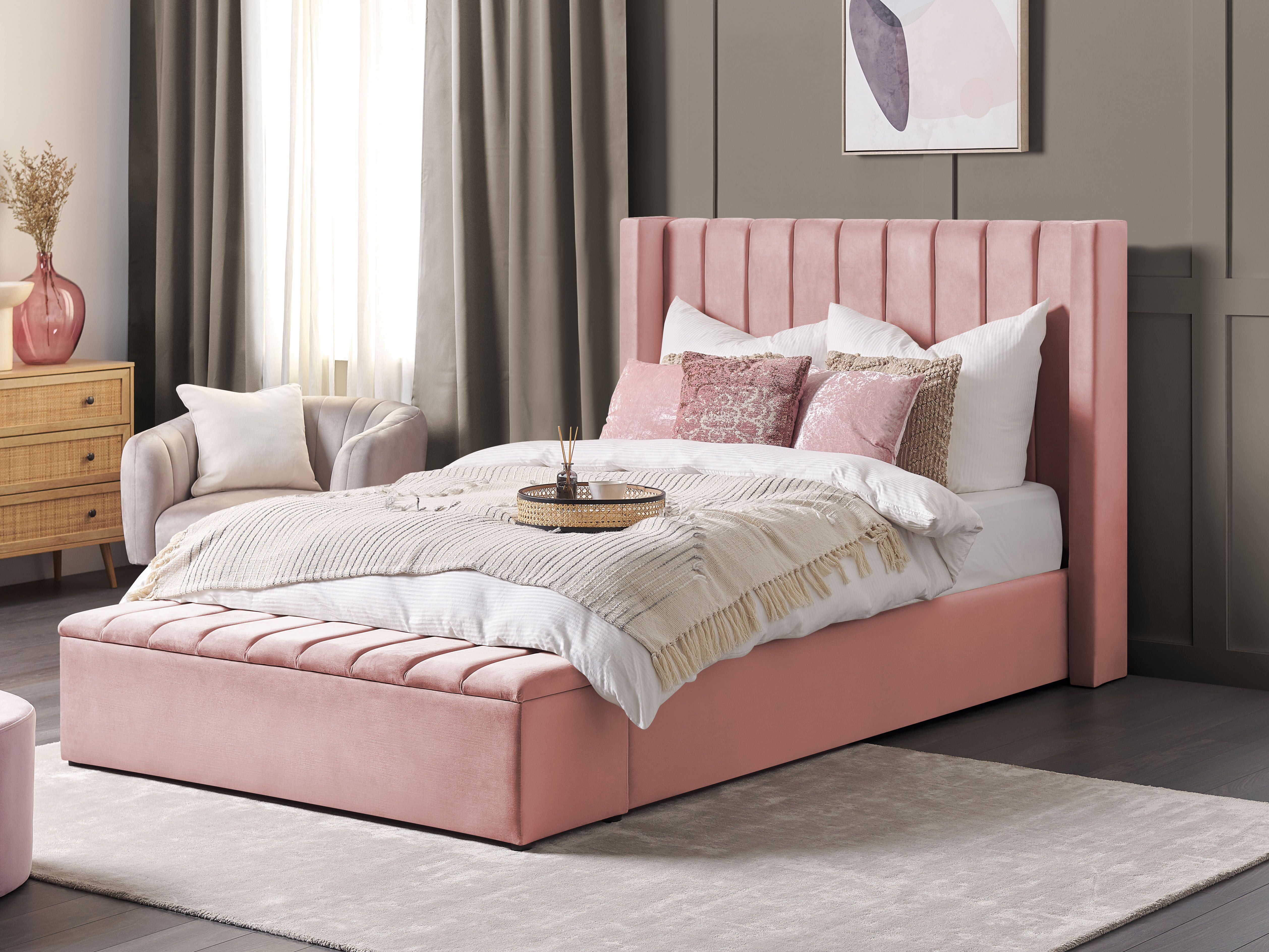 Bed with Storage Bench Velvet NOYERS 140 x 200 cm (EU Double) Pink