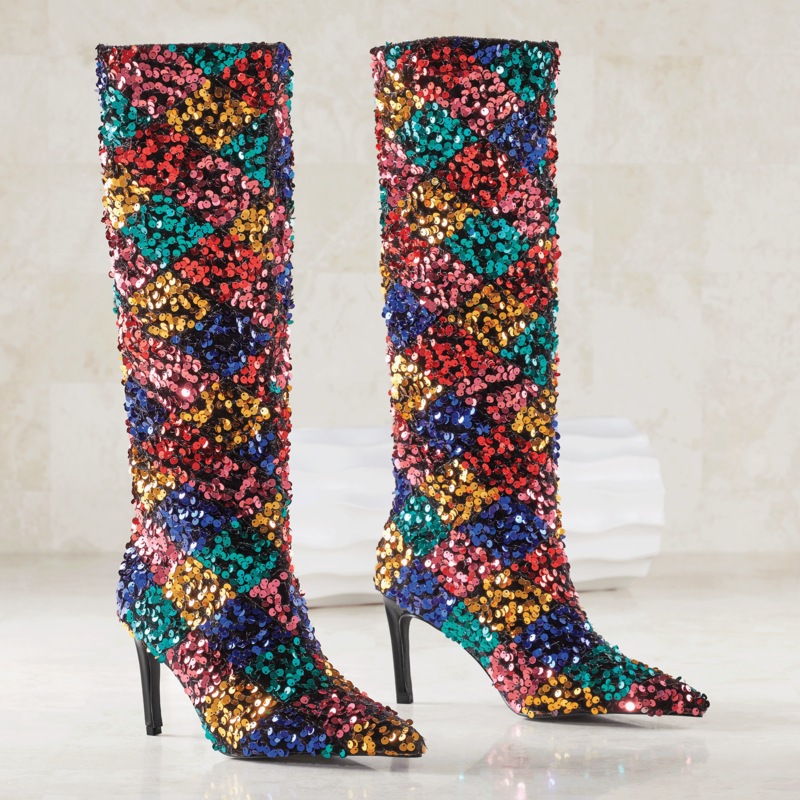 Azalea Wang Jimena Sequin Boot for Women with Checkered Pattern and 3” Heel - MIDNIGHT VELVET CATALOG