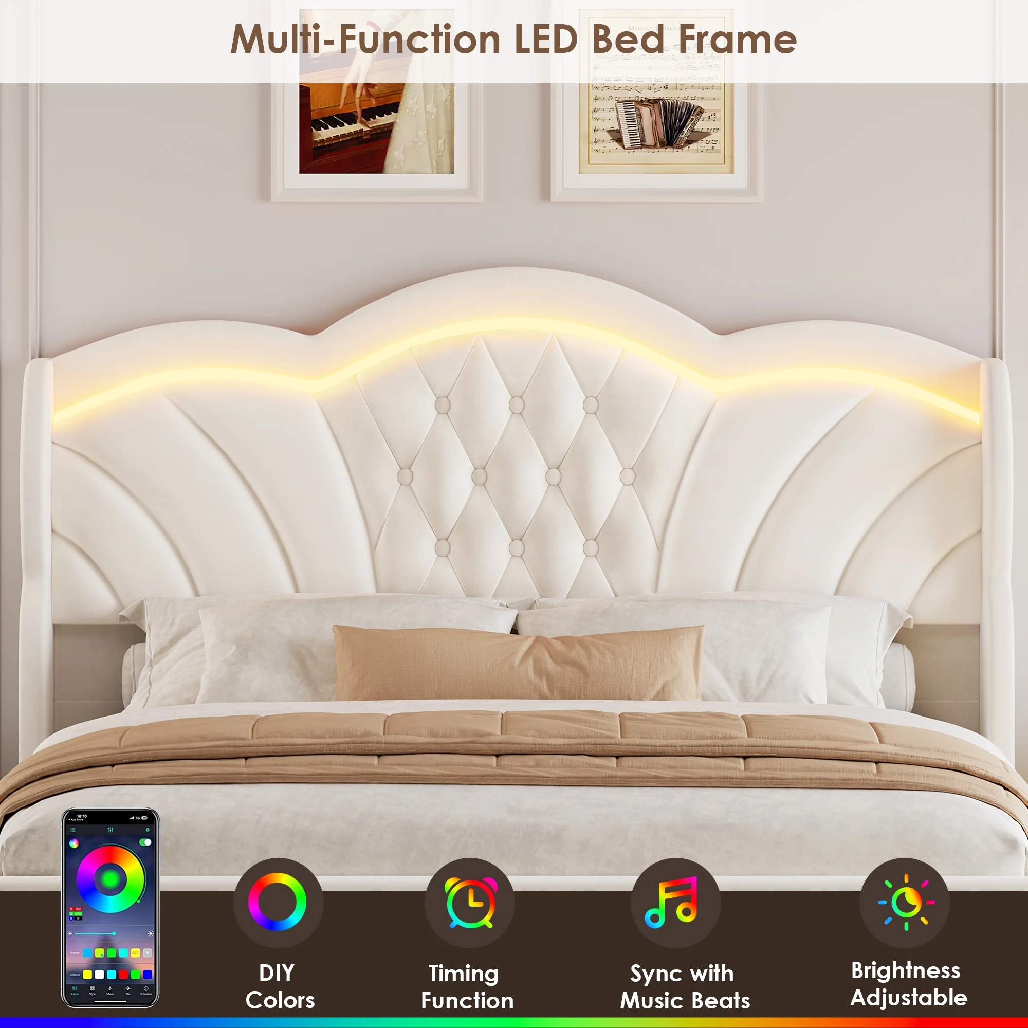 Hiphuta Modern Queen Bed Frame with 2 Drawers, LED Lights Platform Bed Frame, Sturdy Beds Frame with Upholstered Button Tufted Headboard, Velvet White - Image 2
