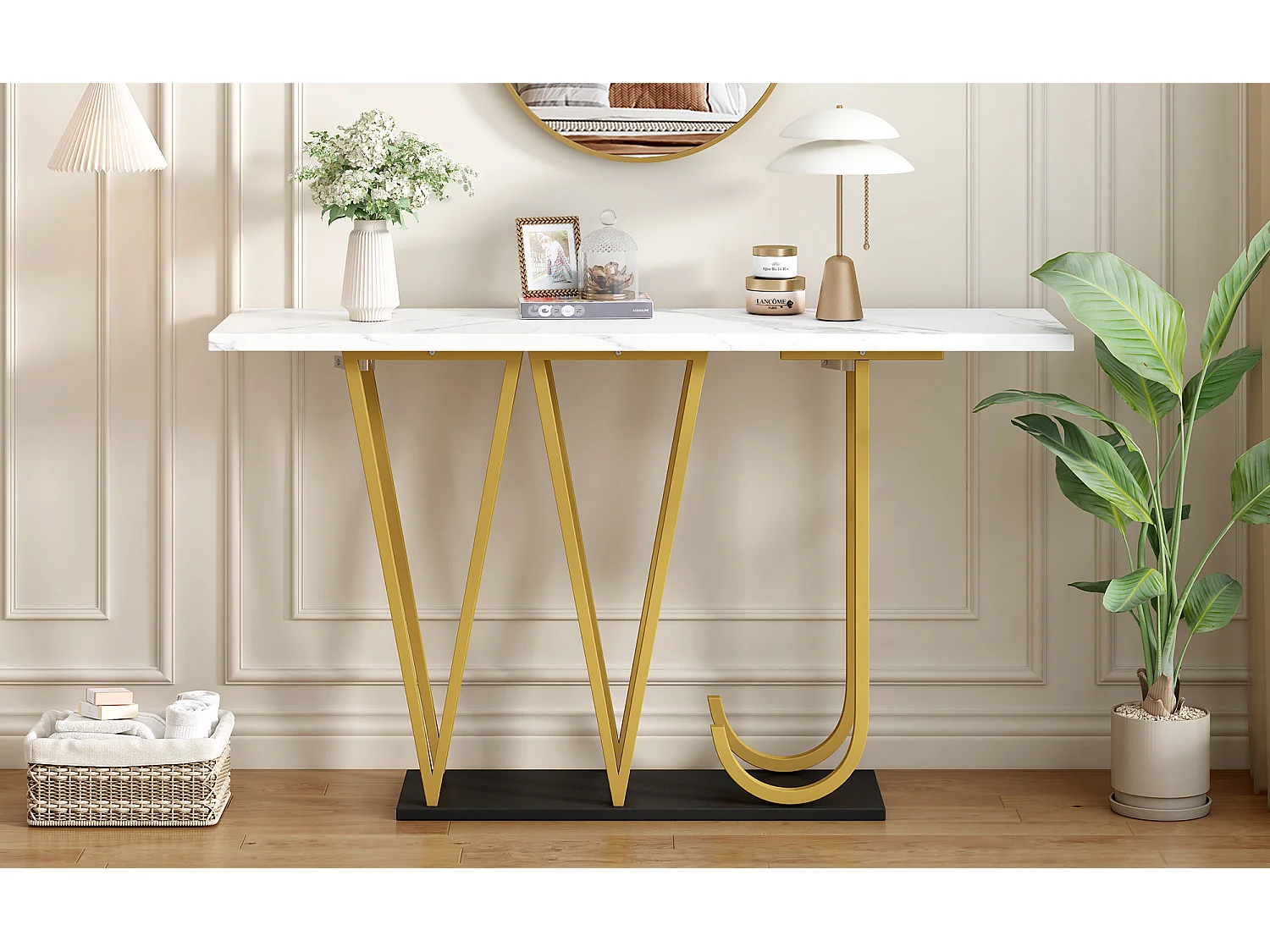 Table console avec pieds métal doré - Plateau effet marbre 120 x 29.5 x 80 cm