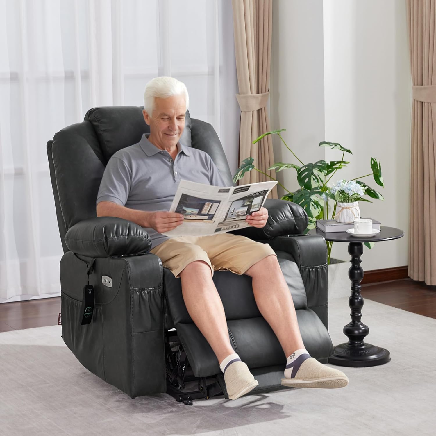 MCombo Electric Power Lift Recliner Chair Sofa with Massage and Heat for Elderly, 3 Positions, 2 Side Pockets, and Cup Holders, USB Ports, Faux Leather 7040 (Grey, Medium)