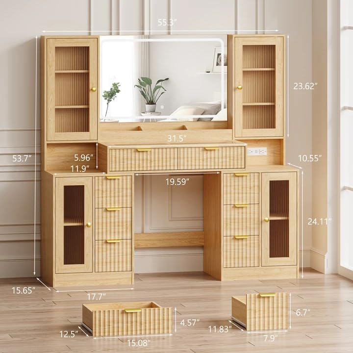 Fluted Makeup Vanity Desk with Mirror and Lights, 55