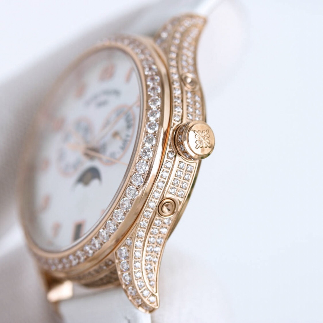 Fake Diamond Watch Patek Philippe Replica 4937R-001 Complications Ladies Annual Calendar Moon Phase 37mm White Mother of Pearl Arabic Rose Gold Diamond Set Leather Date(1:1 replica) - Top club