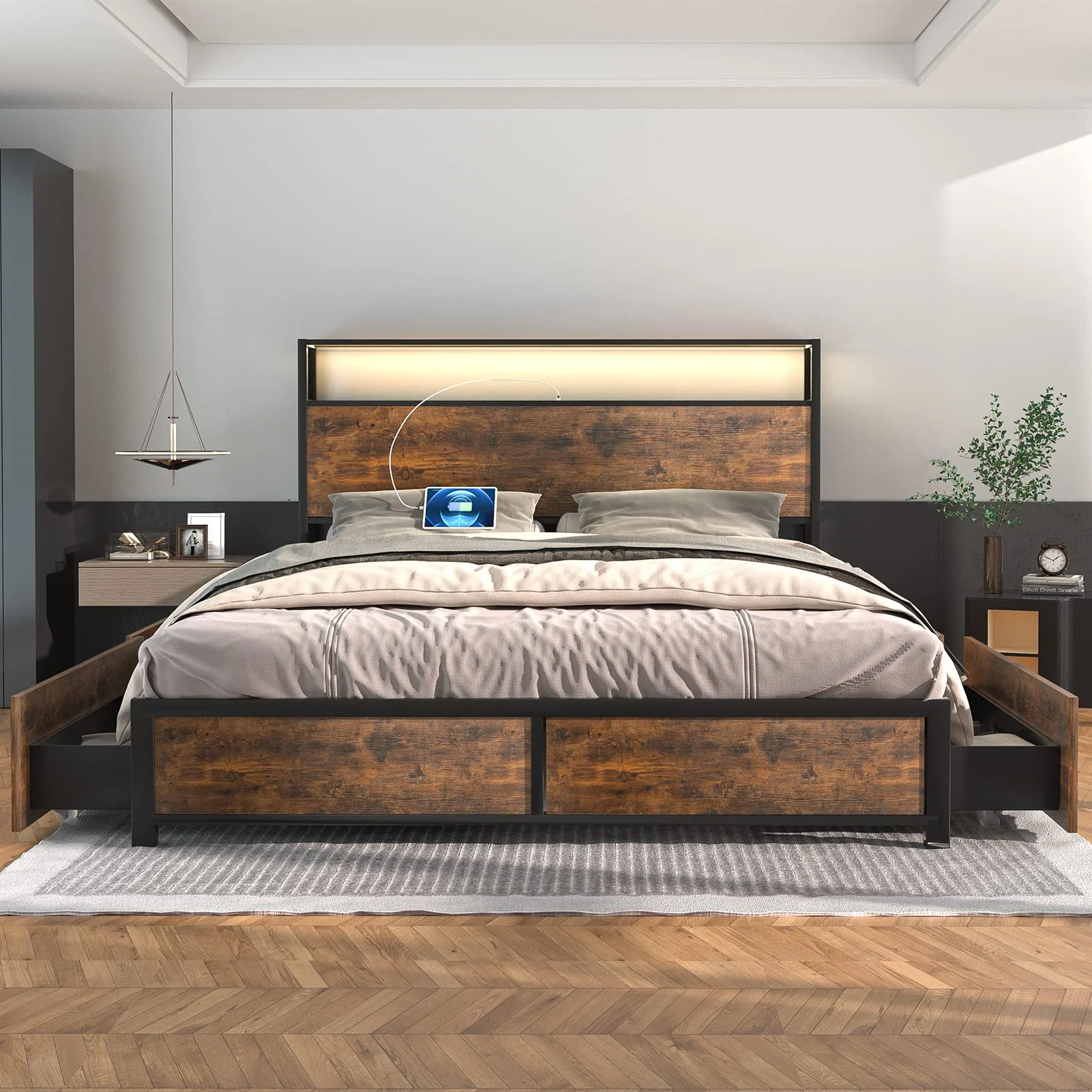LED Full Bed Frame with Storage Headboard & 4 Drawers, Industrial Metal Platform Bed with Power Charging Station & USB Ports - Image 8