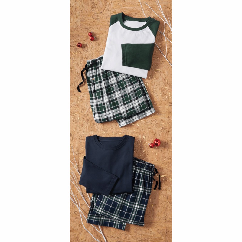 4-Piece Navy/Green PJ Set with Cotton Knit Tops and Plaid Flannel Pants - MIDNIGHT VELVET CATALOG