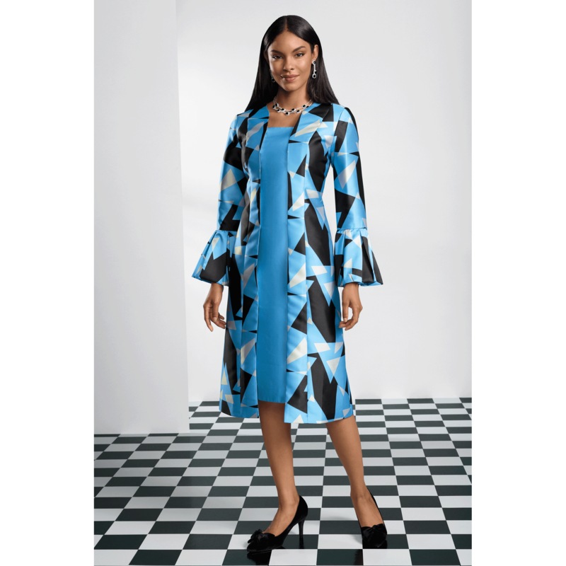 Rilette Faux-Jacket Illusion Dress with Geometric Print and Bell Sleeves - MIDNIGHT VELVET CATALOG