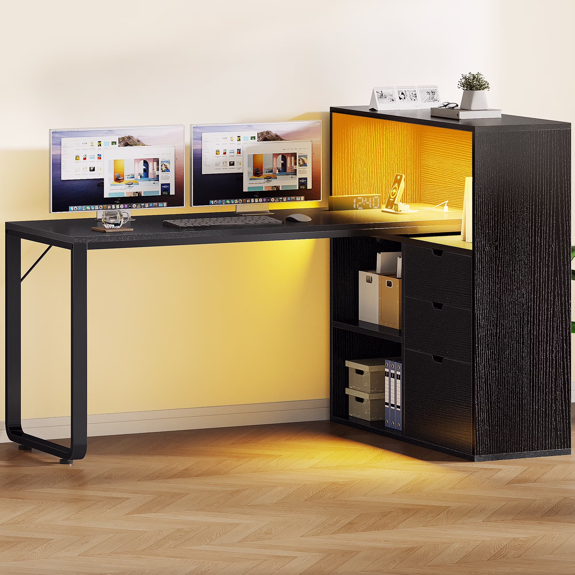 Dextrus L Shaped Desk with Power Outlets & LED Lights, Computer Desk with 3 Drawers and 3 Storage Shelves, White Office Desk Corner Desk for Home Office - Image 7