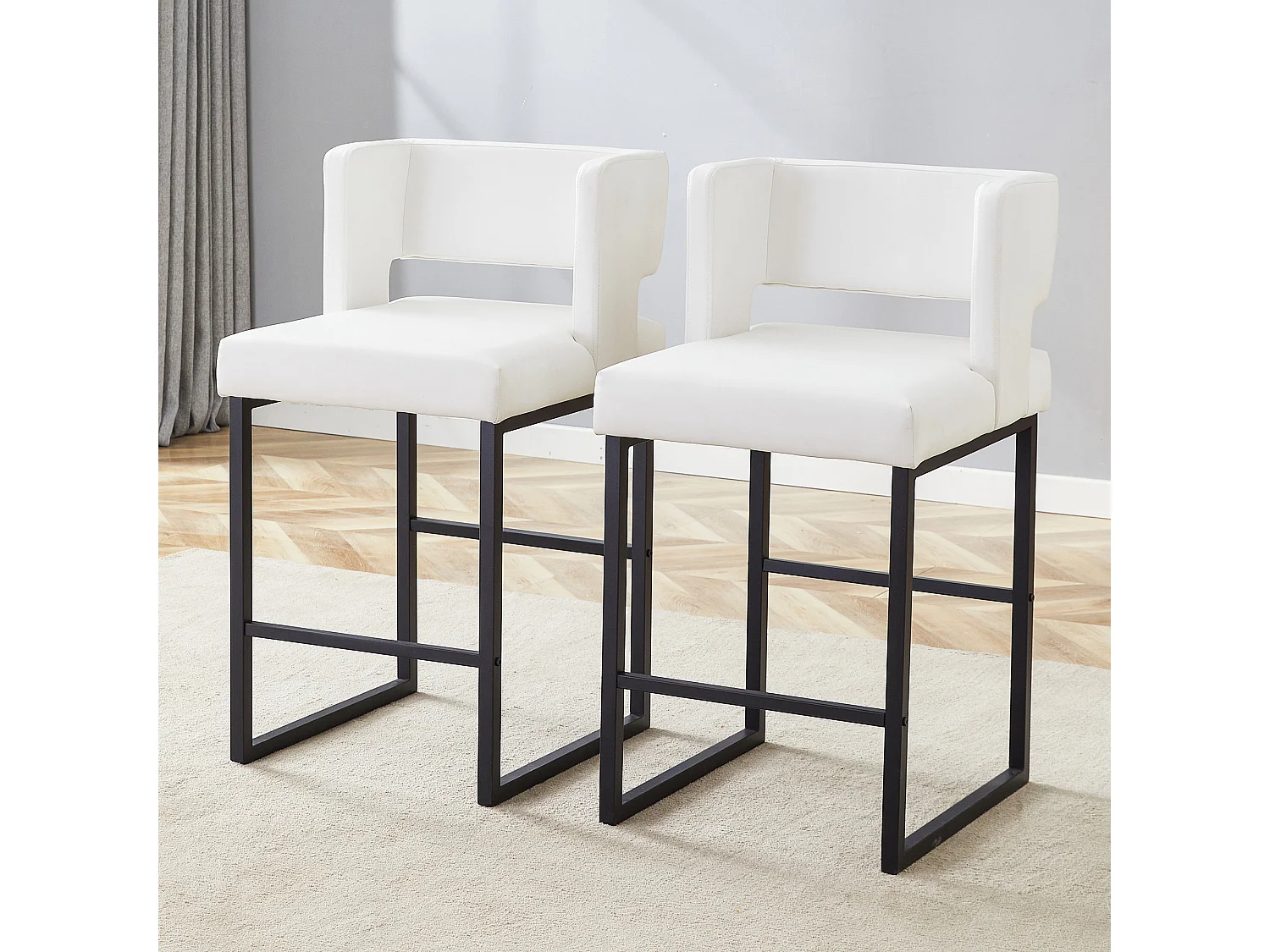 Lot de 2 tabourets de bar en PU blanc avec pieds en métal noir - Design nordique