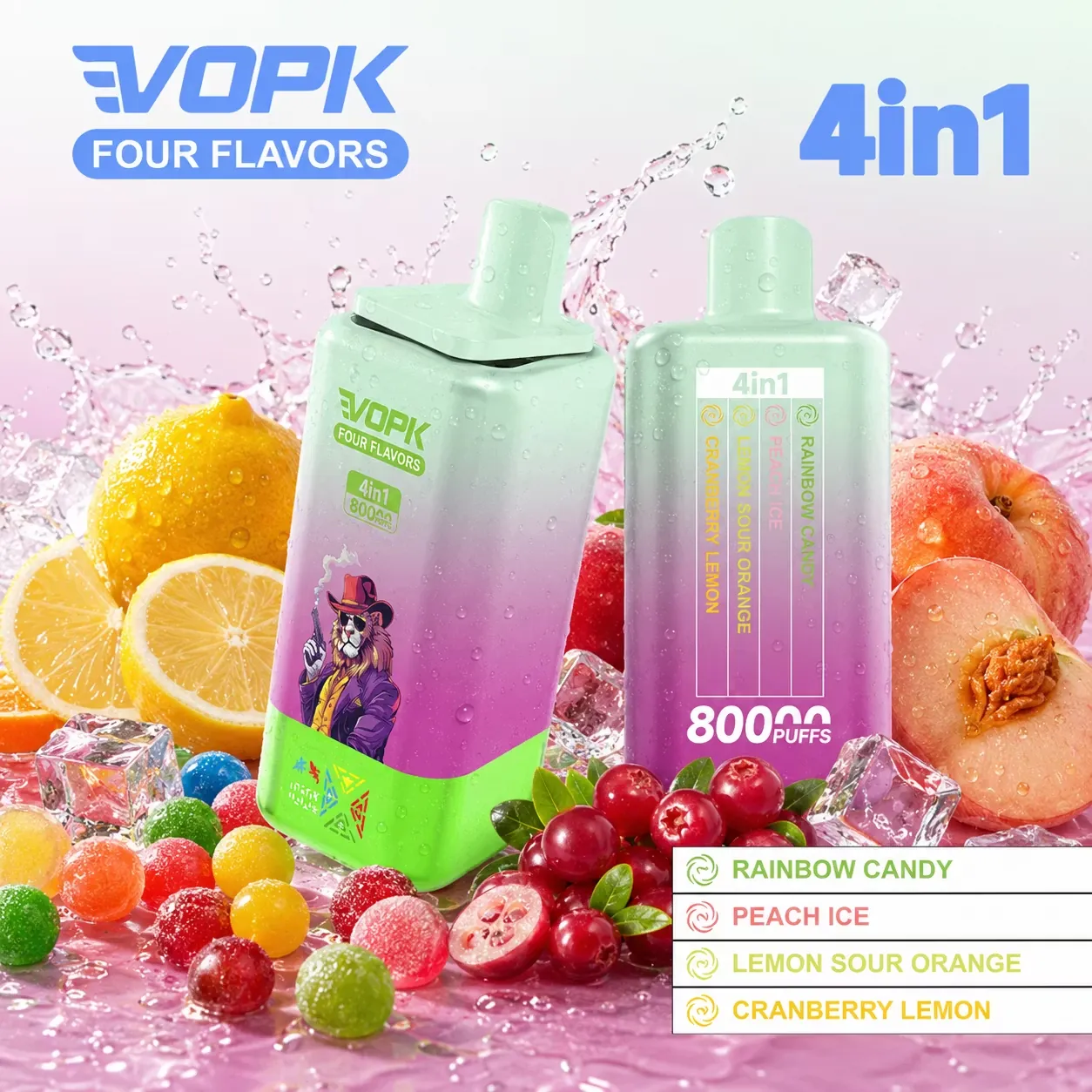 VOPK 80 000 puffów 4w1 – Lemon Sour Orange, Cranberry Lemon, Peach Ice, Rainbow Candy