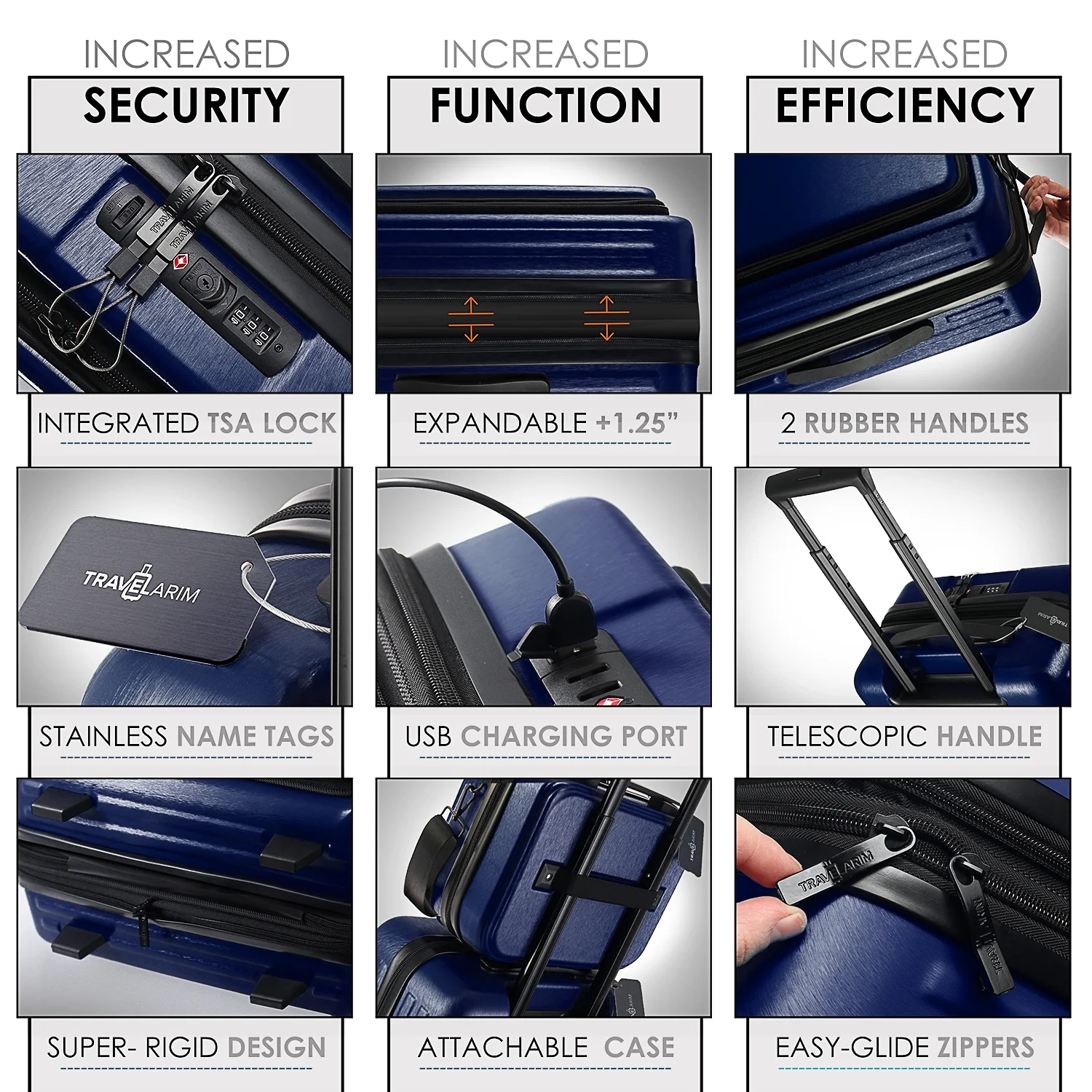Virtu 4 Piece Hardshell Exapandable Luggage Set, Spinner Luggage Suitcase Set, Navy Blue
