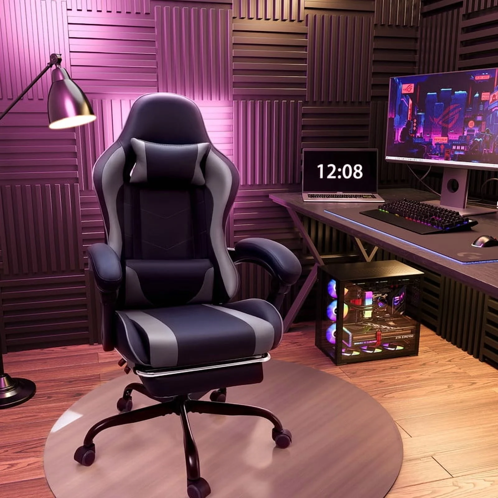 Lacoo PU Leather Gaming Chair Massage Ergonomic Gamer Chair Height Adjustable Computer Chair with Footrest & Lumbar Support, White - Image 31