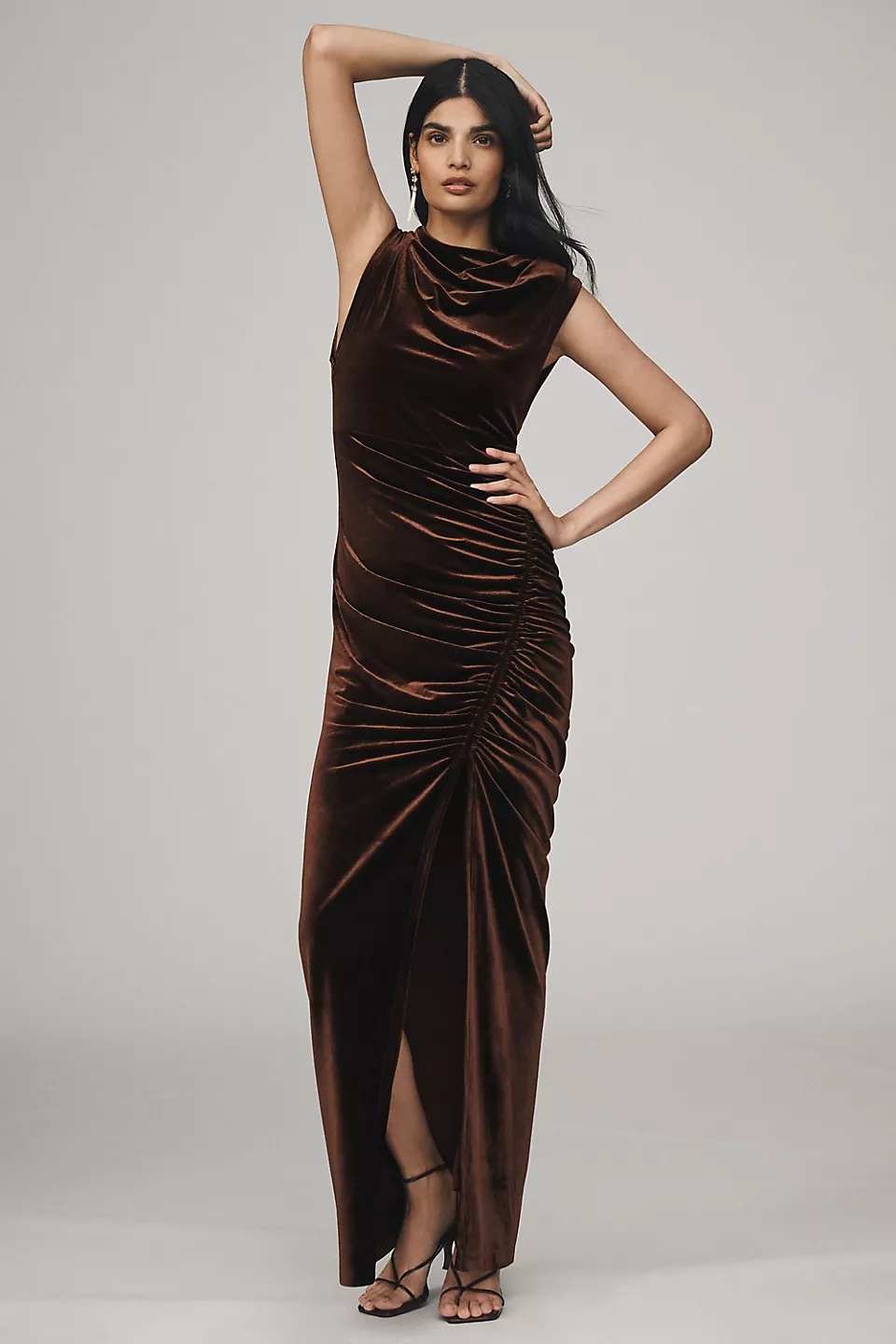 High-Neck Stretch Velvet Maxi Dress - Cocoa