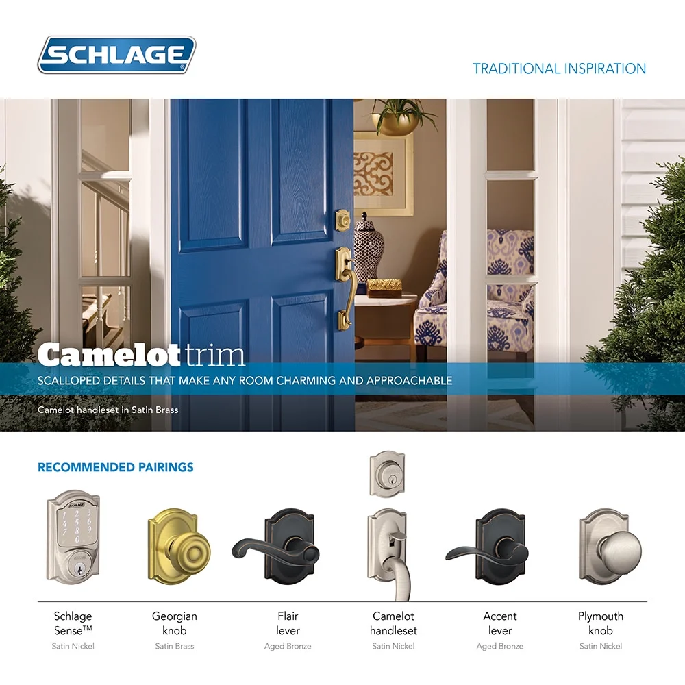 Schlage Lock Company F59GEO619CAM Satin Nickel Interior Pack Georgian Interior Pack Knob Set with Single Cylinder Deadbolt and Decorative Camelot Rose Interior Half Only