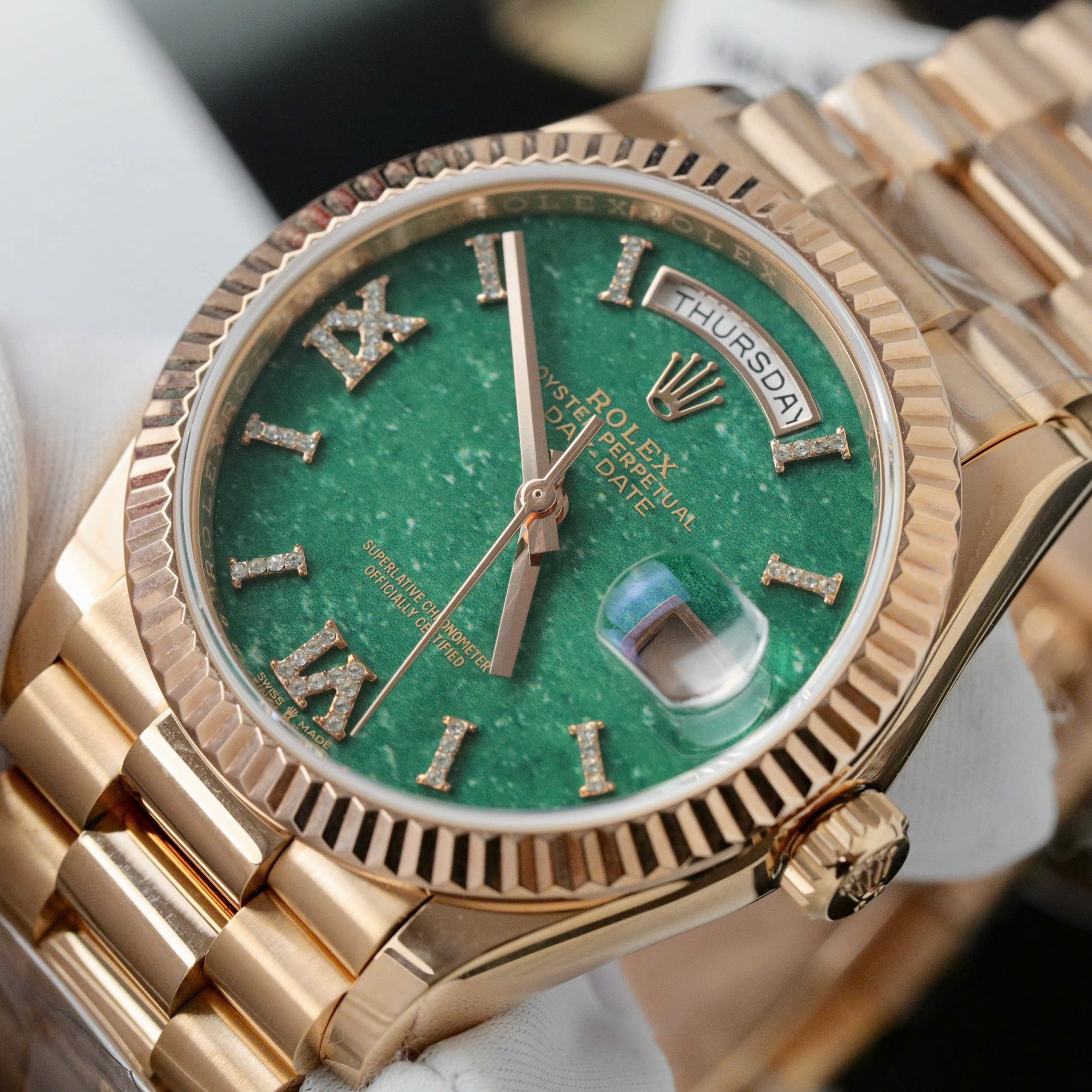 Rolex Day-Date 128235 Dial Aventurine Replica Watch Custom Gold Wrapped 36mm - Elite Watch Atelier
