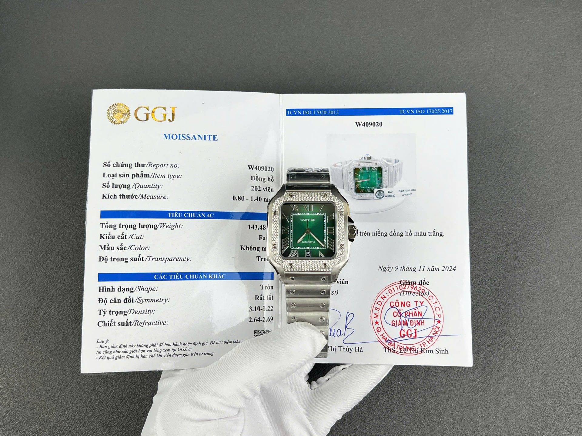 Cartier Santos Green Copies Watch Custom Diamonds Moissanite BV Factory 39.8mm - Top club