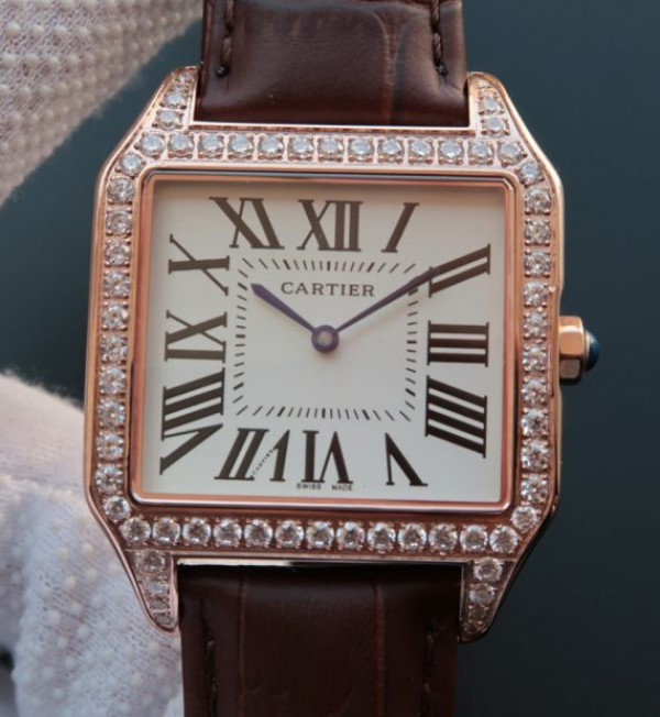 Replica Cartier Santos WH100751 Diamond RG White Dial Leather Strap A9015 - Top club