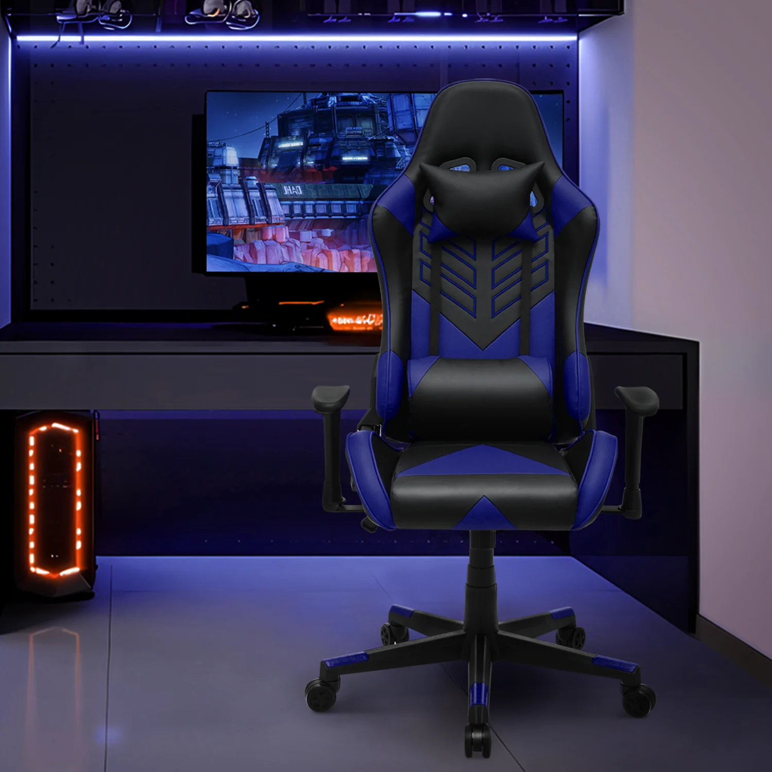 Magshion Ergonomic Gaming Chair, Comfortable Gaming Chair, Computer Chair Leather Desk Chair Adjustable Swivel Gaming Office Chair, Blue - Image 4