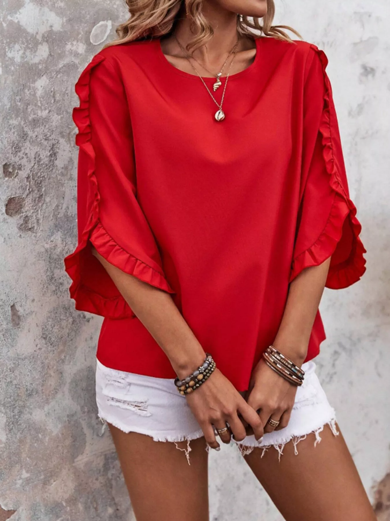 Ruffle Sleeve Solid Color Blouse - ZKZOOK