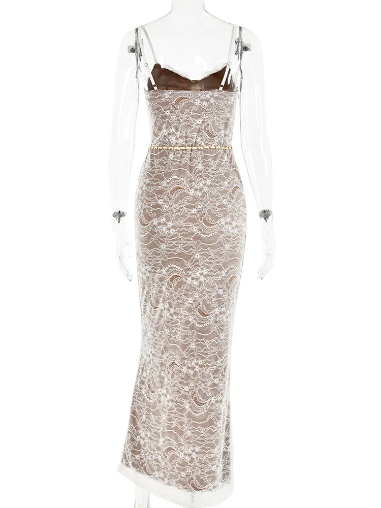 Sexy Lace Print Double Layer Dress For Women Bodycon Backless Metal Heart Pendant Maxi Dress Party Club Evening Dress - AZJHJ