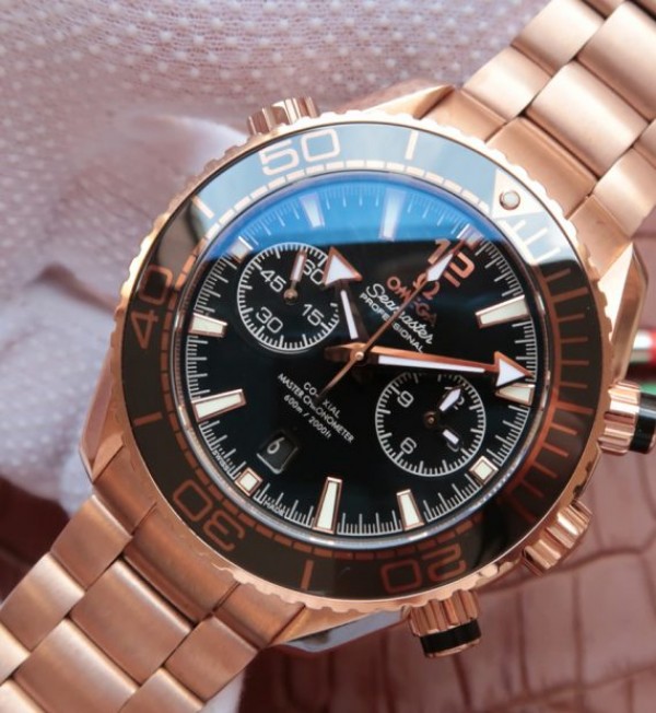 Replica Omega Planet Ocean Master Chronometer RG Black Bezel Black Dial RG Bracelet A9301 - Elite Watch Atelier