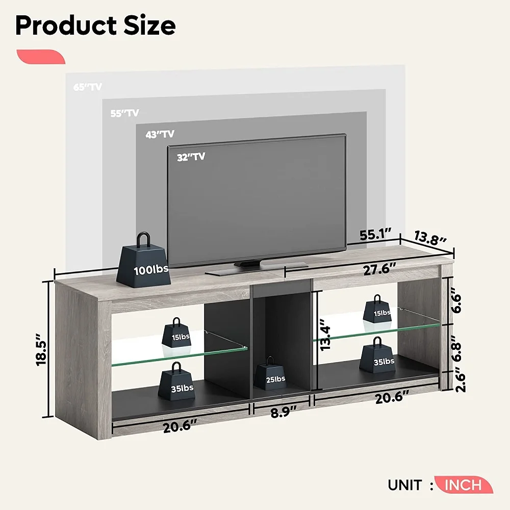 Bestier Entertainment Center with LED Lights TV Stand Media Console Table for TVs up to 60
