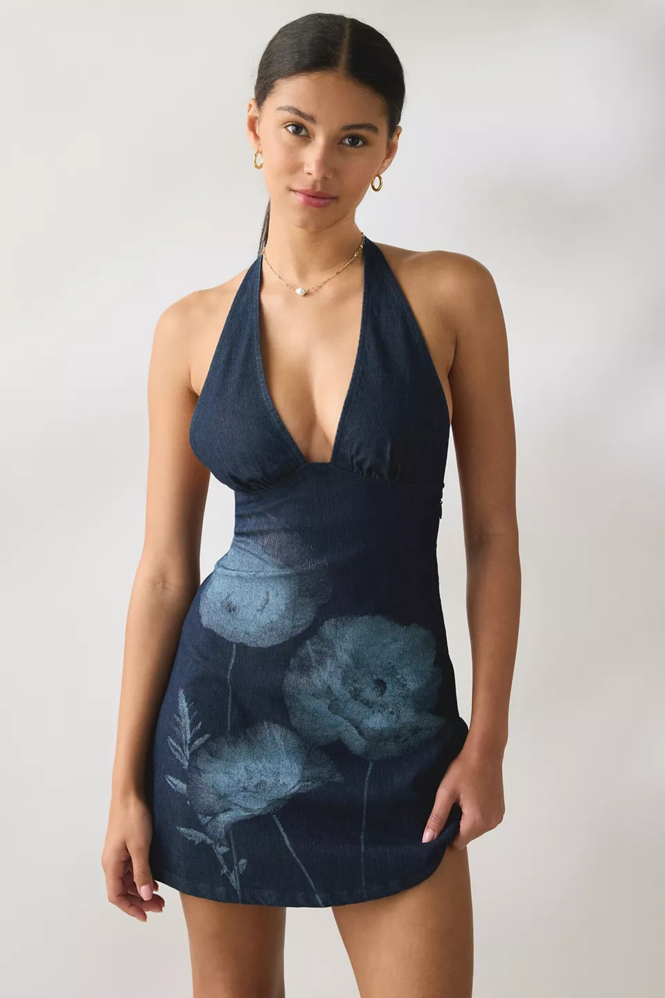 Kimchi Blue Flowerbeds Plunging Halter Mini Dress