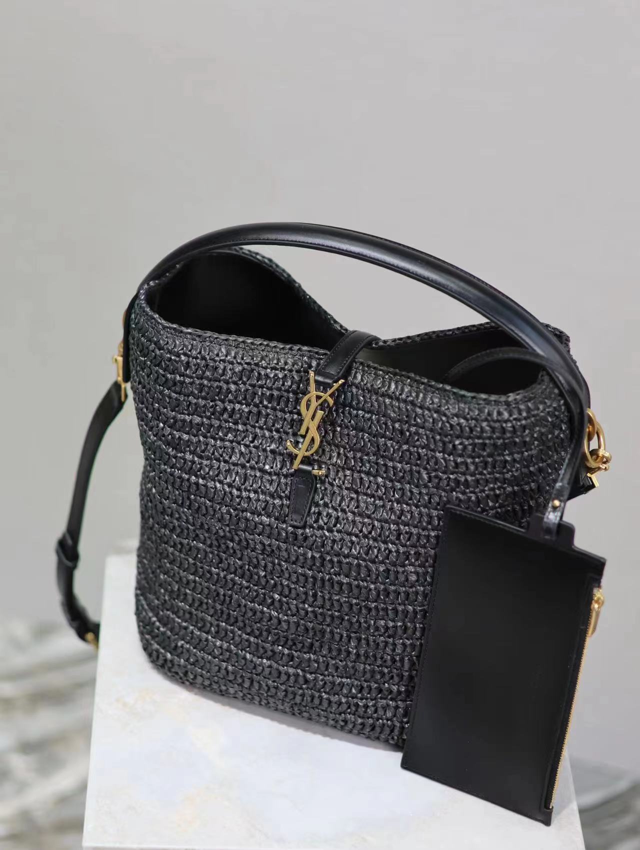 SAINT LAURENT Le 37 leather-trimmed raffia bucket bag