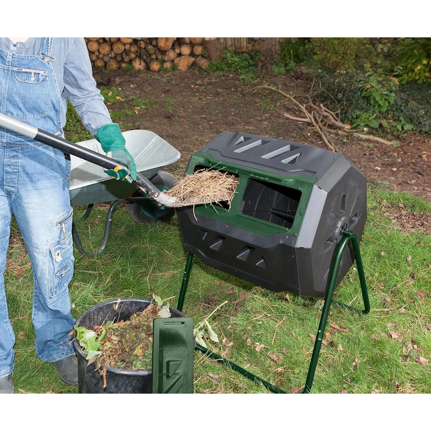 Exaco Trading Mr.Spin 43 Gallon Steel Frame Dual Compartment Compost Tumbler