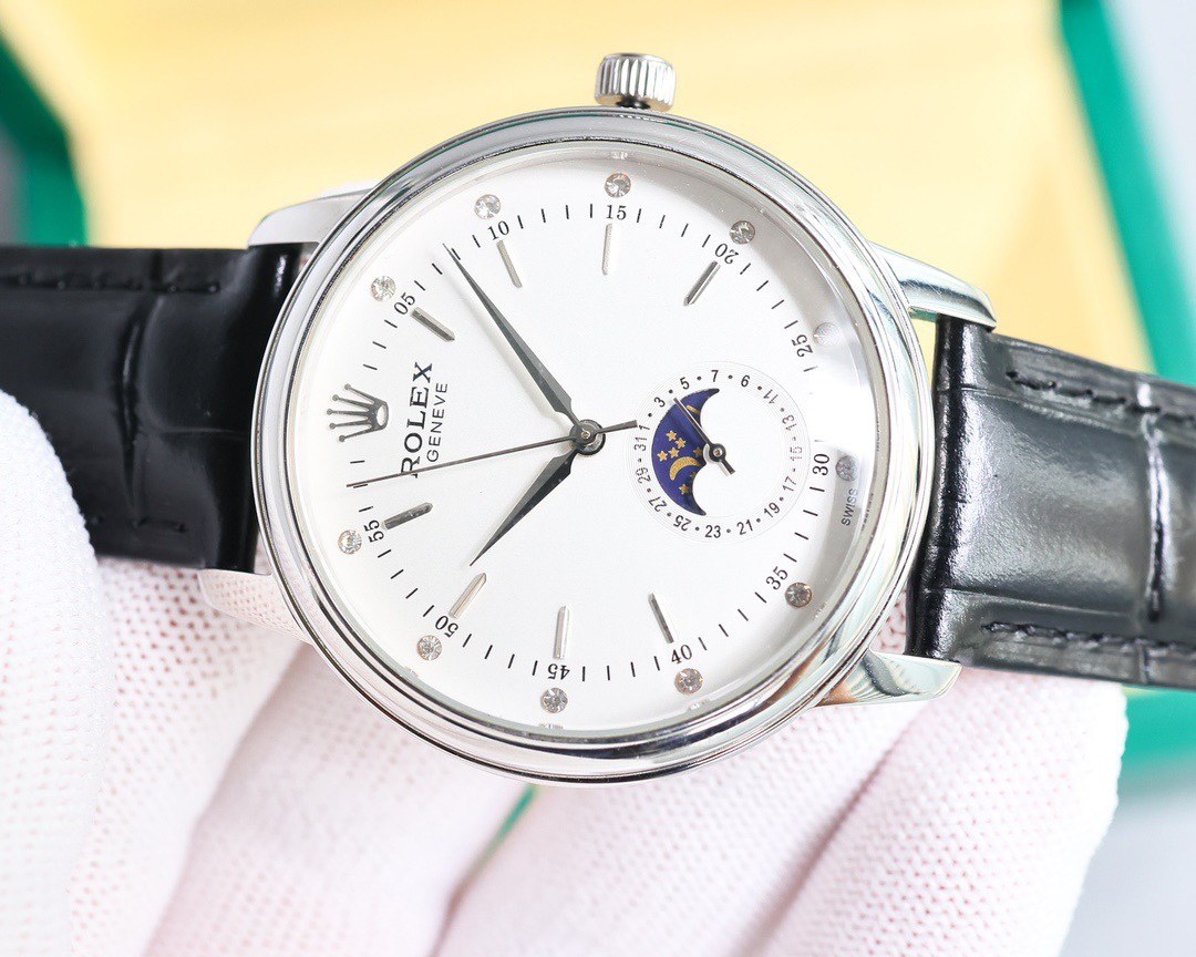 Rolex👑 Cellini Moonphase-40mm-Leather-White(1:1 replica) - Elite Watch Atelier