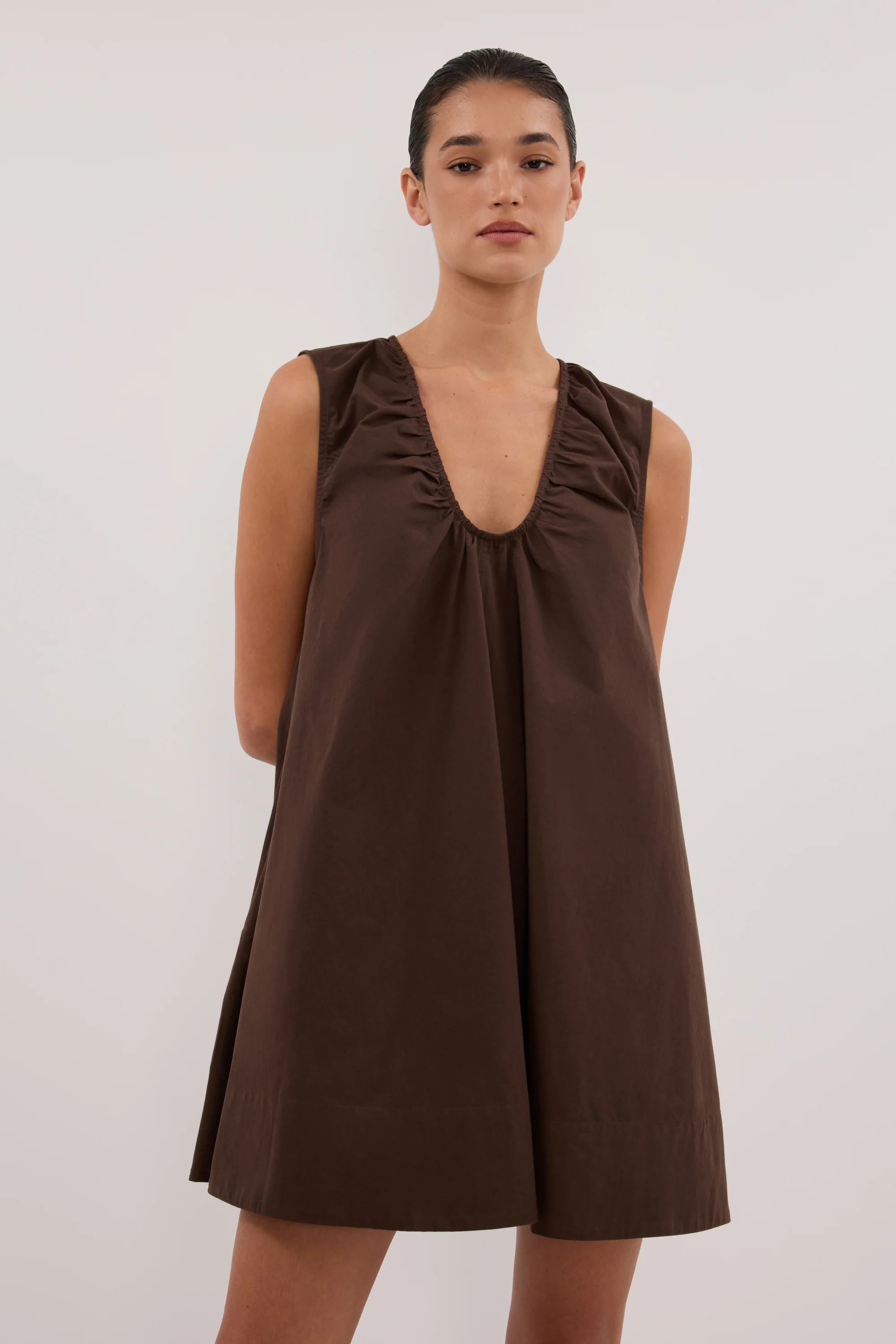 GABBY BITTER CHOC OVERSIZED COTTON MINI DRESS