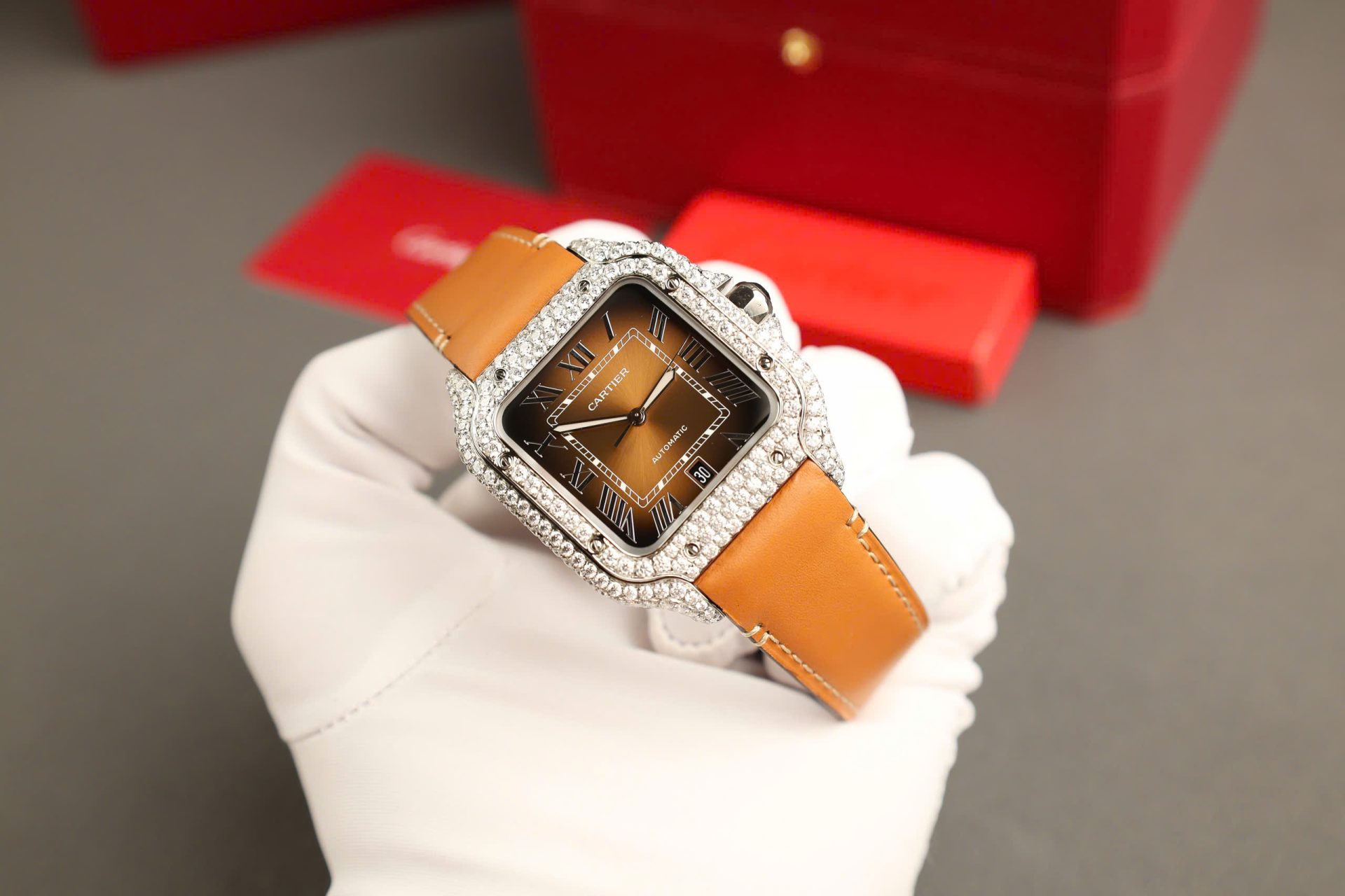 Cartier Santos Brown Dial Copies Watches Custom Diamonds Moissanite BV Factory 39.8mm - Top club