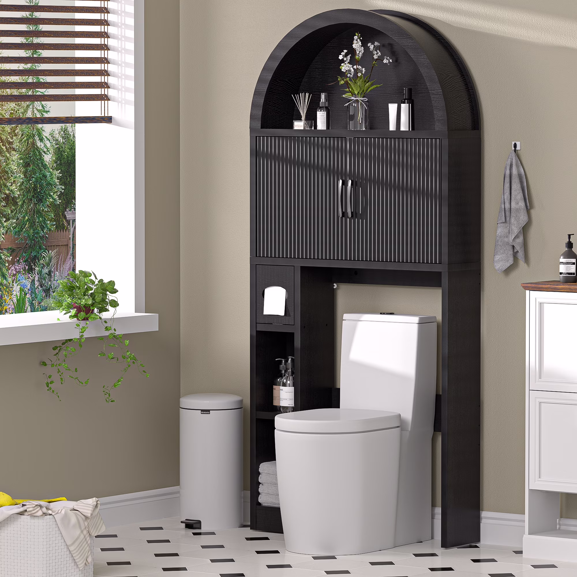 HARIPUL Over The Toilet Storage Cabinet w/ Unique Wood Grain & Arc Design, Freestanding Bathroom Shelf Organizer Space Saver w/ Doors & Anti-Tip Device, Wood Color - Image 9