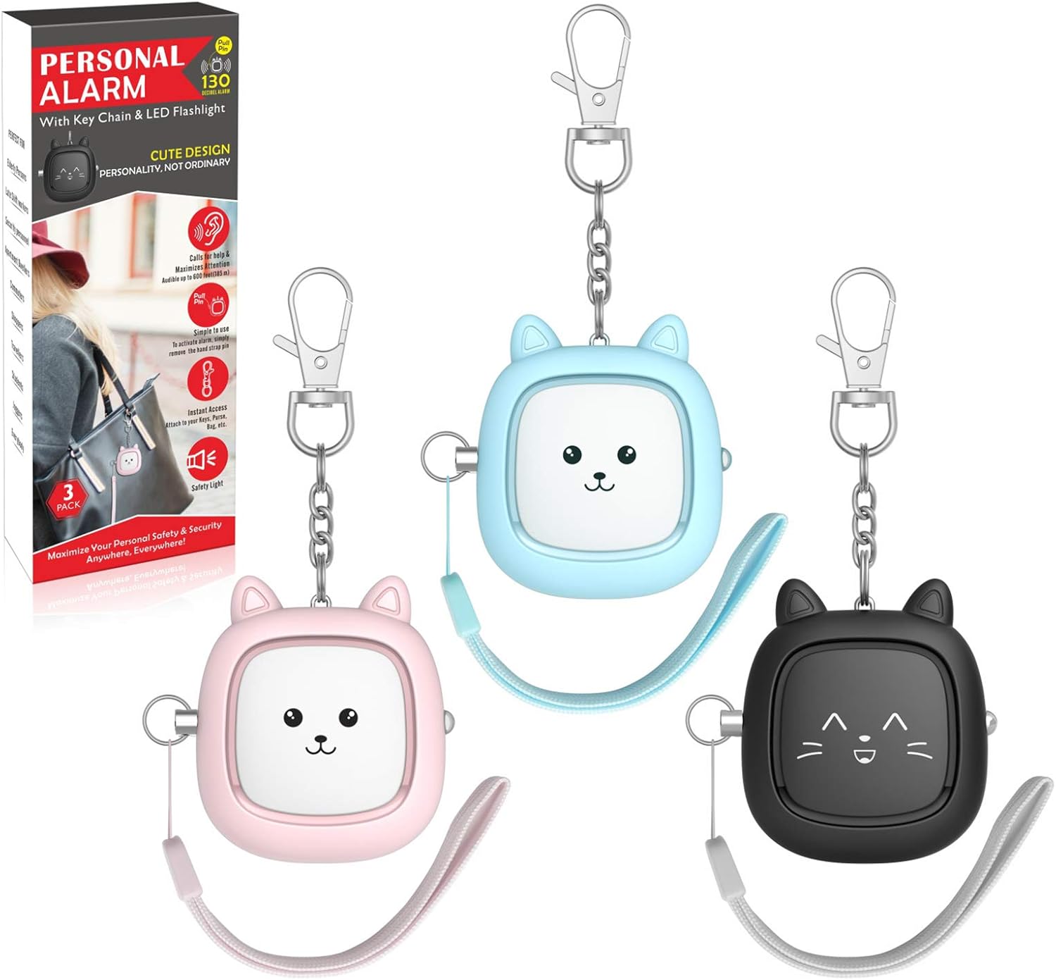 Personal Safety Alarm, VIGOROAD 3 Pack Loud 130dB Siren Emergency Panic Alarm with LED Light, Easy Pull Pin Keychain Self-Defense Security Alarm for Women, Seniors, Kids