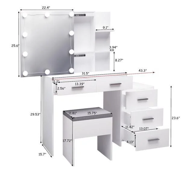 Alvantor Makeup Vanity Desk with 3-Color LED Mirror, Stool, USB Outlets, 5 Drawers, White Finish