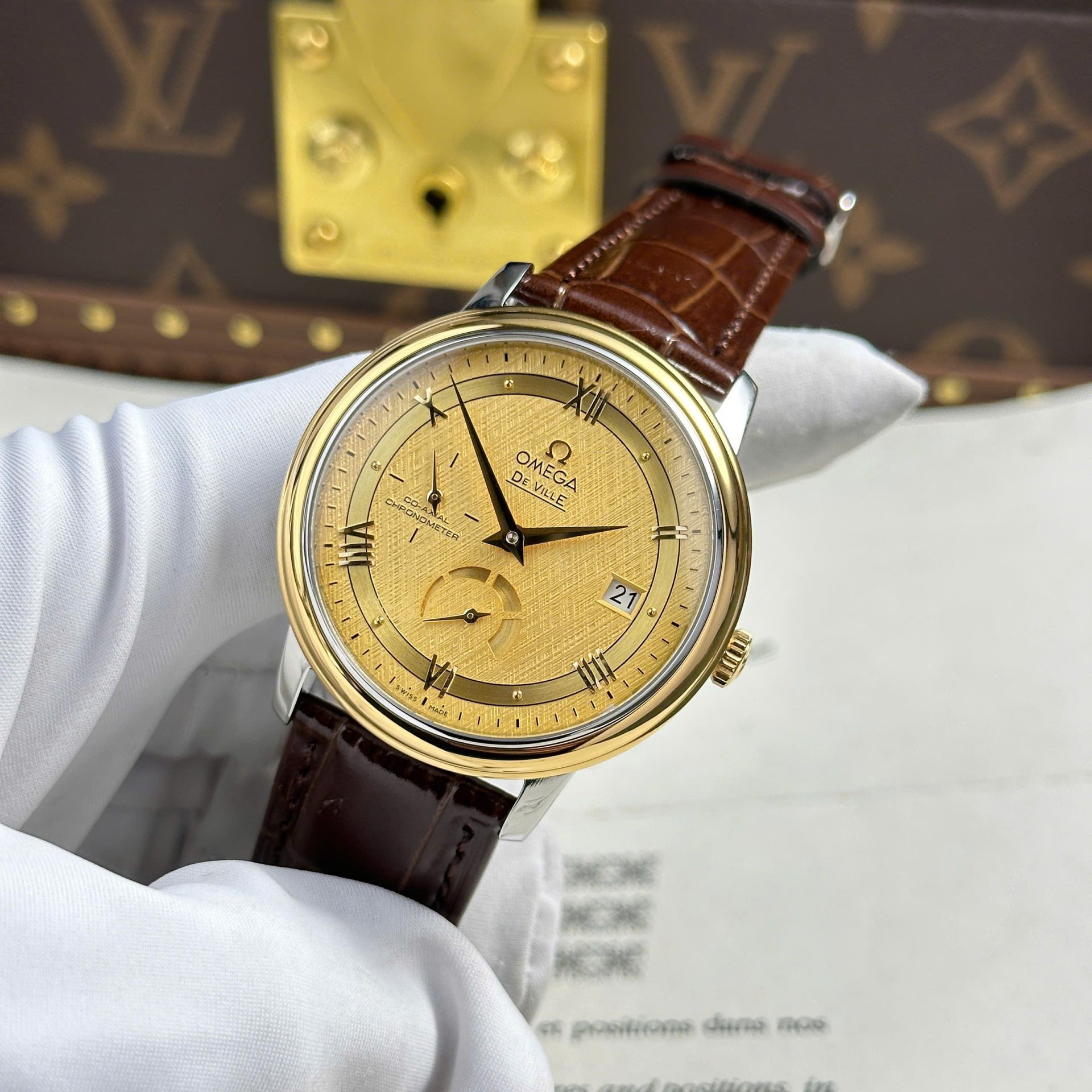 Omega De Ville Prestige Power Reserve Replica 11 Watch Yellow Dial Leather Strap 39.5mm - Elite Watch Atelier